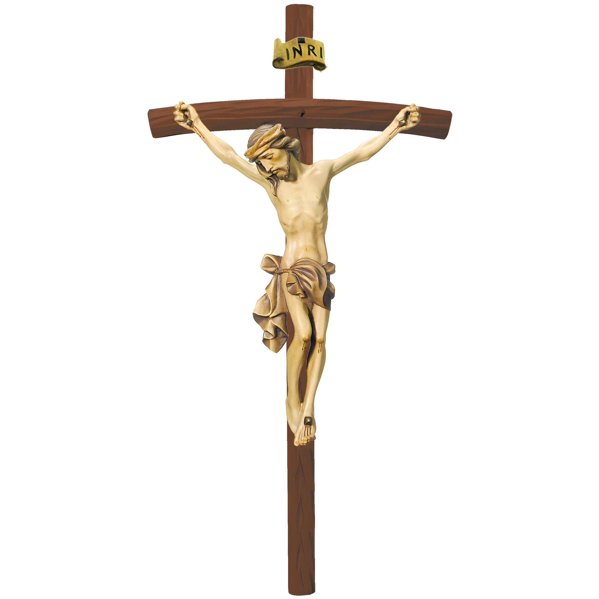 Crucified Christ Sculpture on Curved Cross Made of Val Gardena Wood