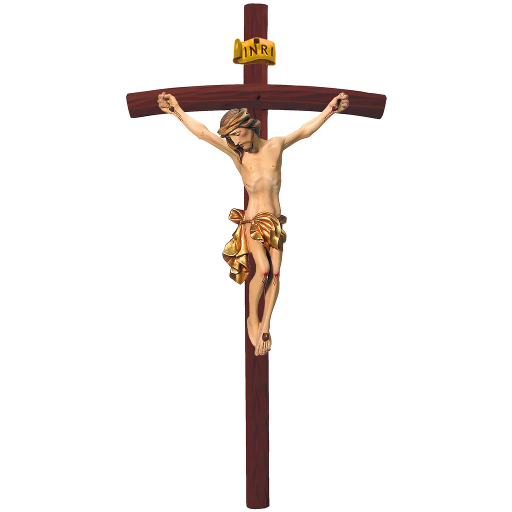 Rzeźba Chrystusa Ukrzyżowanego na Zakrzywionym Krzyżu Wykonana z drewna z Val Gardena