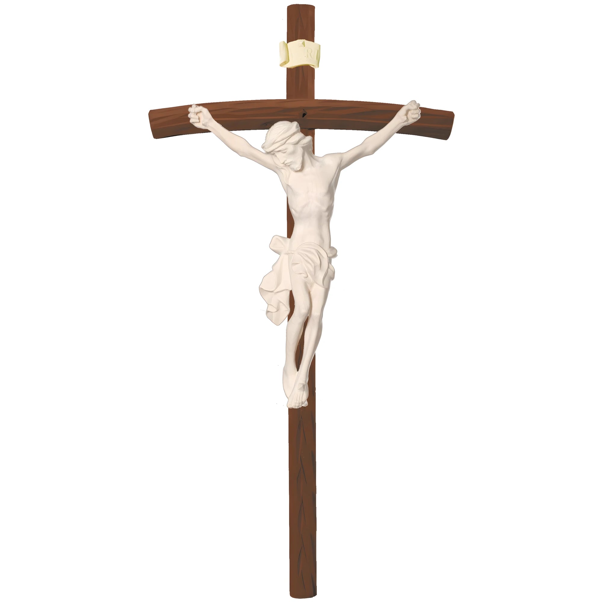 Crucified Christ Sculpture on Curved Cross Made of Val Gardena Wood