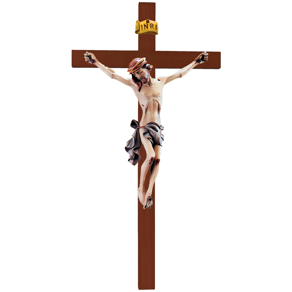 Scultura Crocifisso Cristo Sofferente in Legno d'Acero e Tiglio Val Gardena