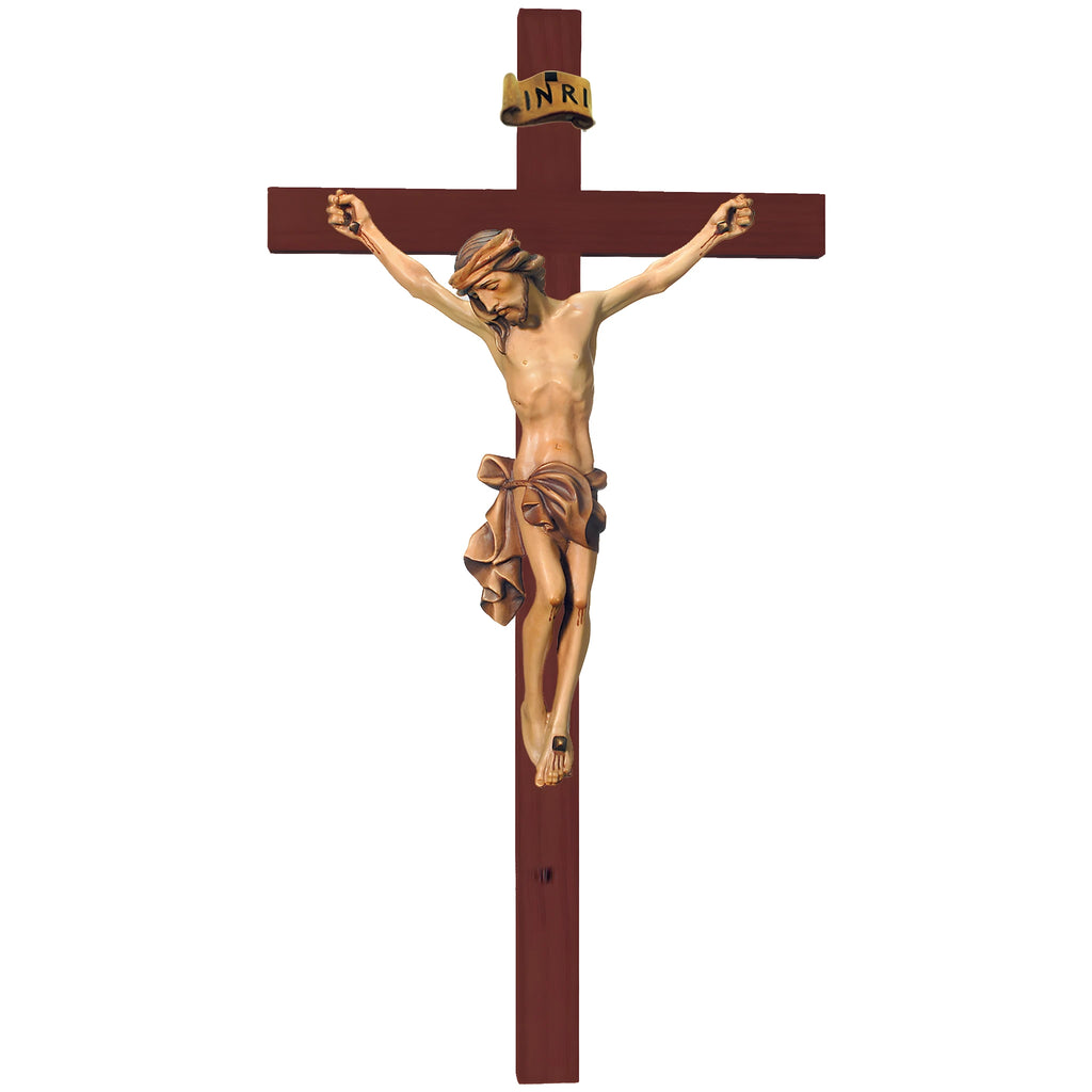 Scultura Crocifisso Cristo Sofferente in Legno d'Acero e Tiglio Val Gardena