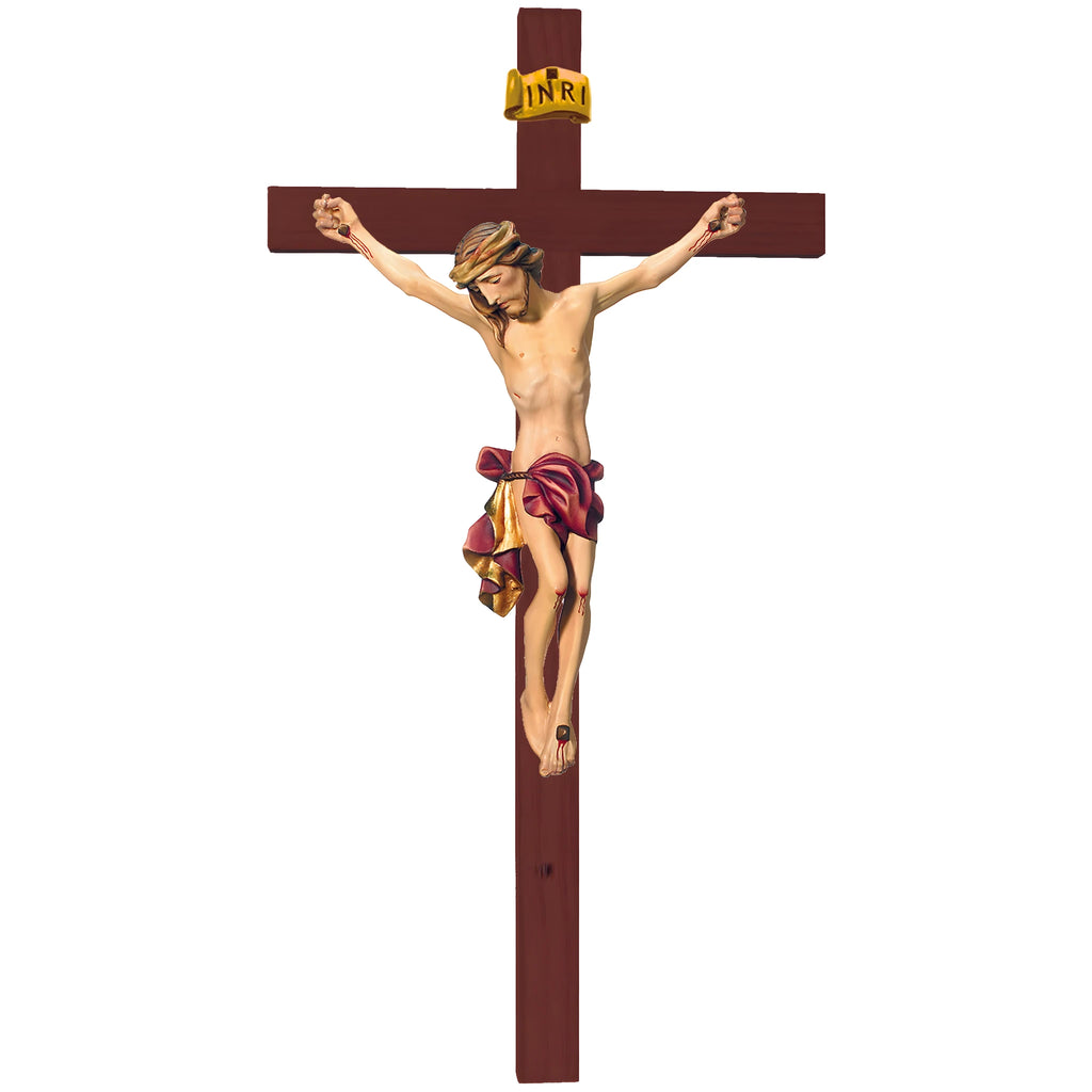 Scultura Crocifisso Cristo Sofferente in Legno d'Acero e Tiglio Val Gardena