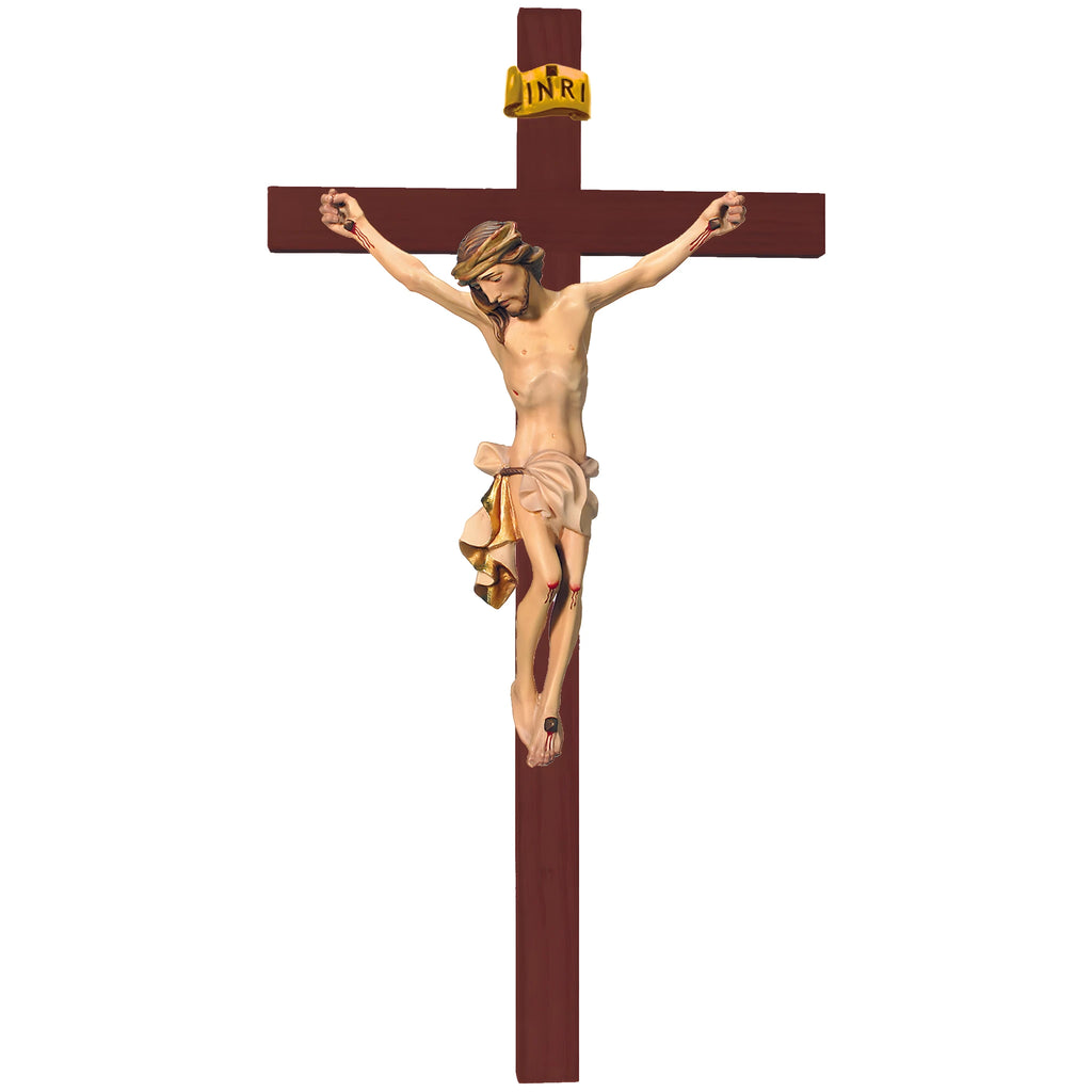 Scultura Crocifisso Cristo Sofferente in Legno d'Acero e Tiglio Val Gardena