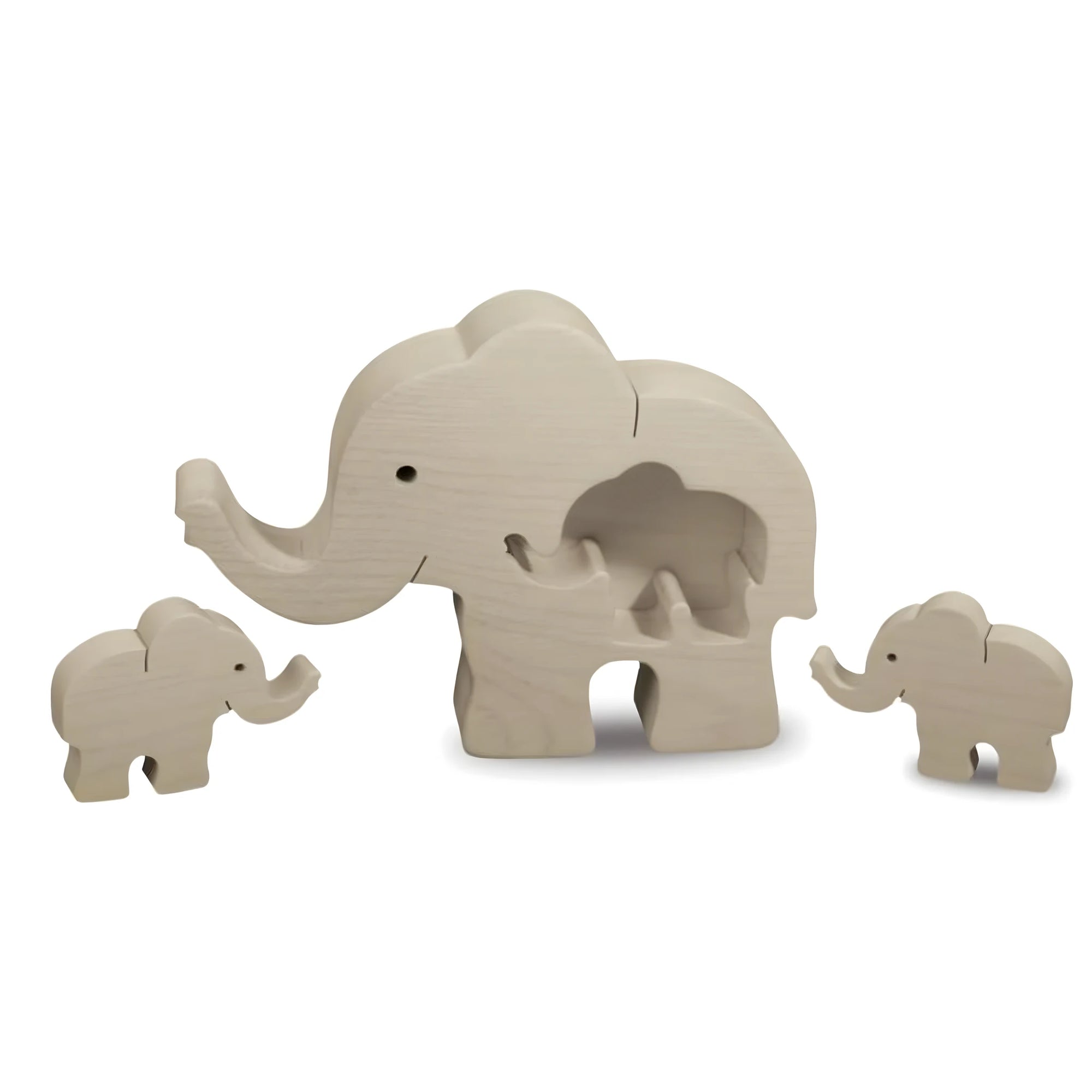 Scultura Elefante e Cuccioli in Legno Naturale della Val Gardena