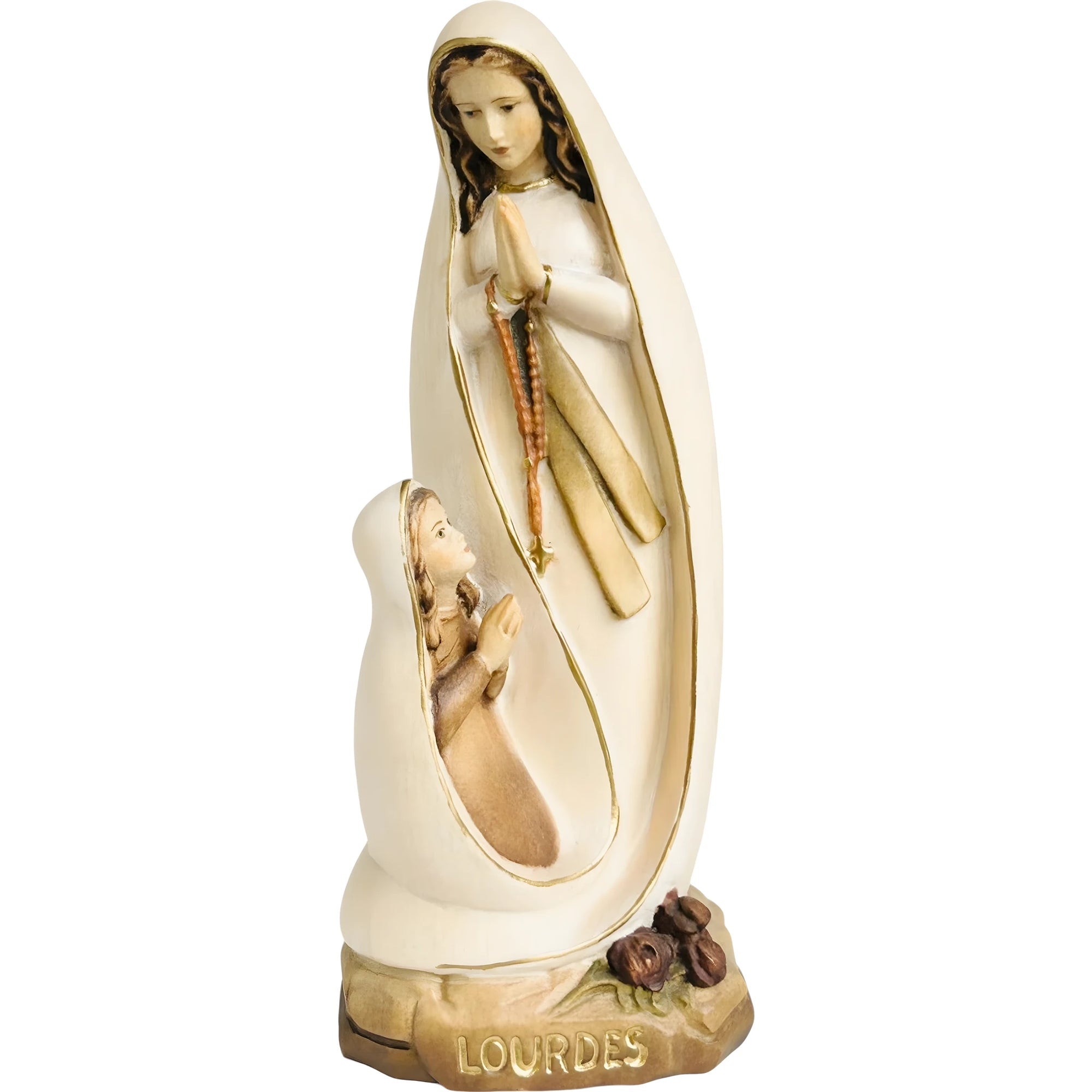 Scultura Madonna di Lourdes con Bernadette in Legno Intagliato della Val Gardena