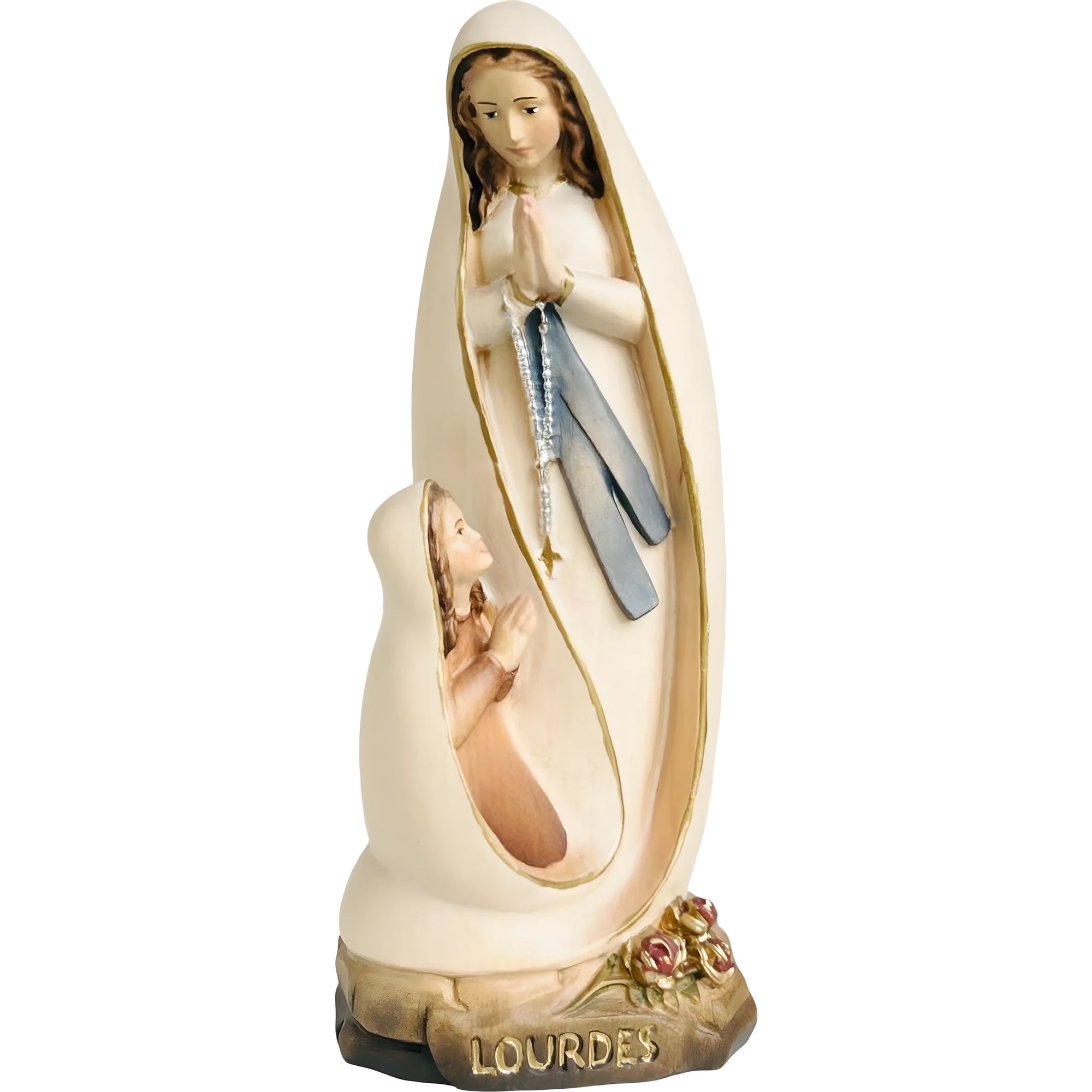 Scultura Madonna di Lourdes con Bernadette in Legno Intagliato della Val Gardena