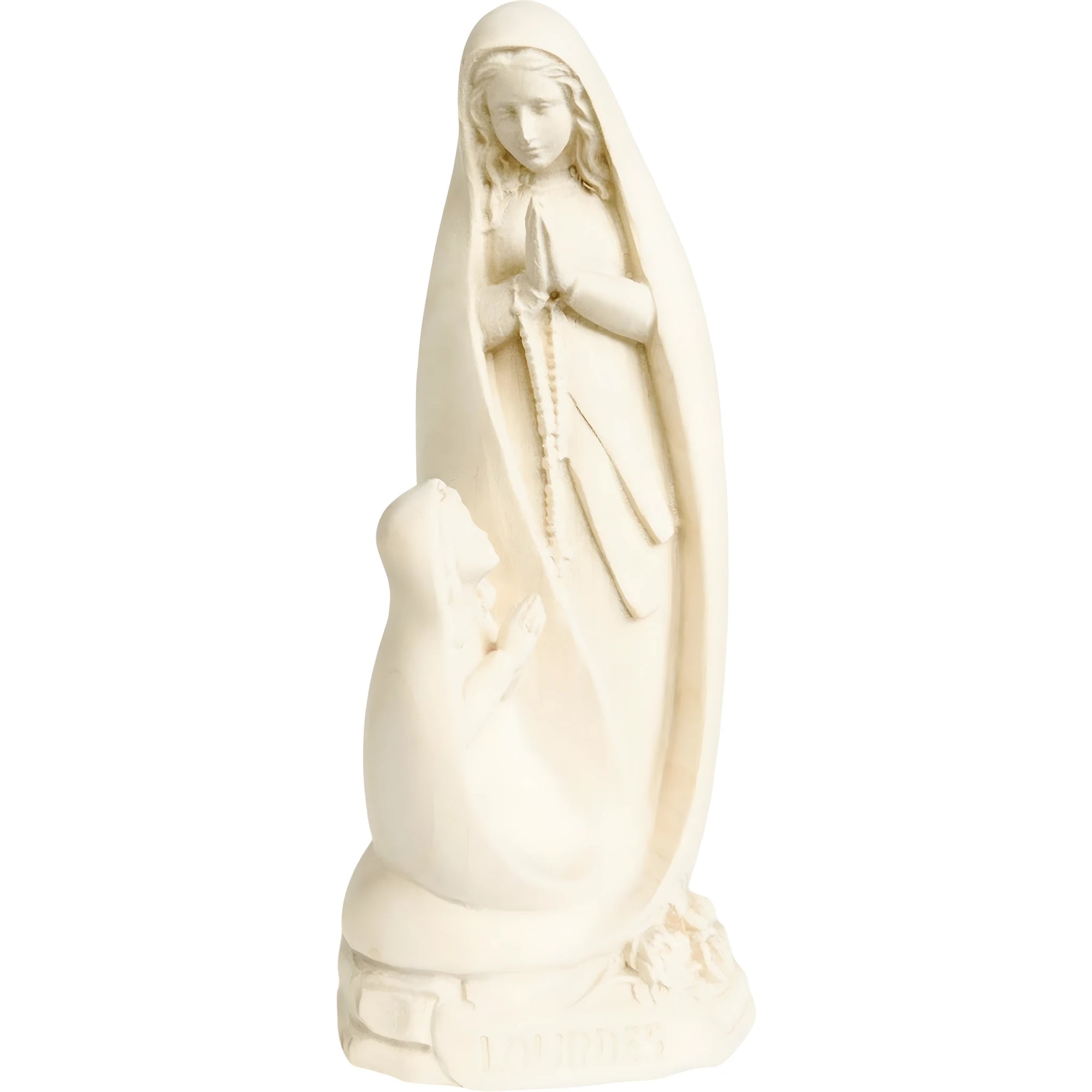 Scultura Madonna di Lourdes con Bernadette in Legno Intagliato della Val Gardena