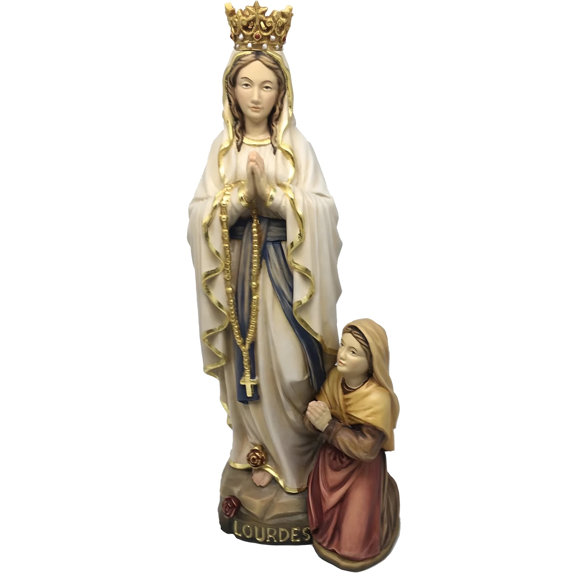 Sculpture Our Lady of Lourdes and Bernadette in Val Gardena Wood