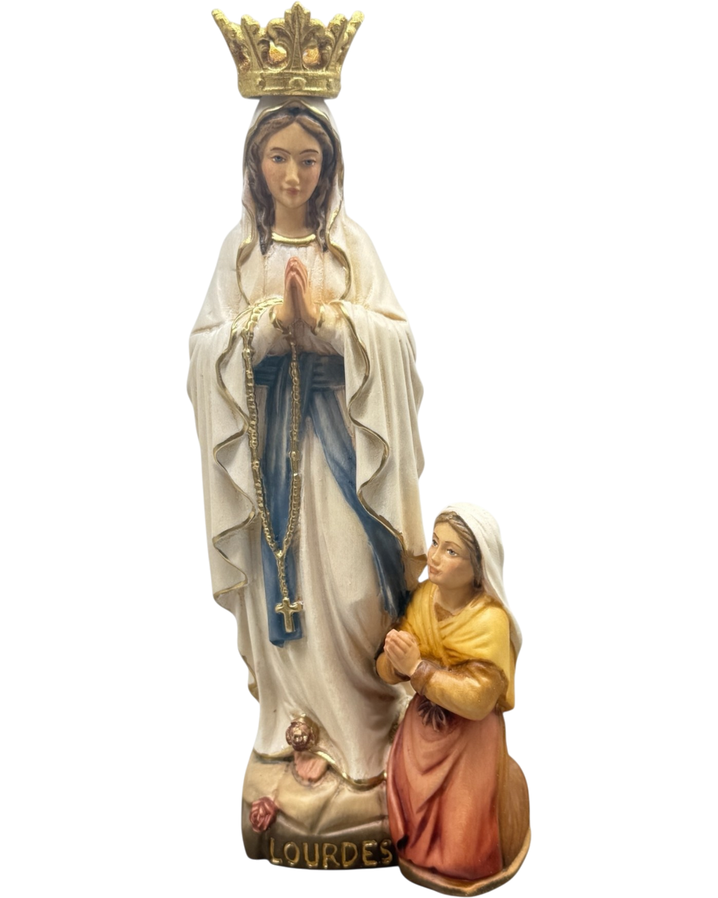 Rzeźba Matki Boskiej z Lourdes i Bernadety z drewna z Val Gardena