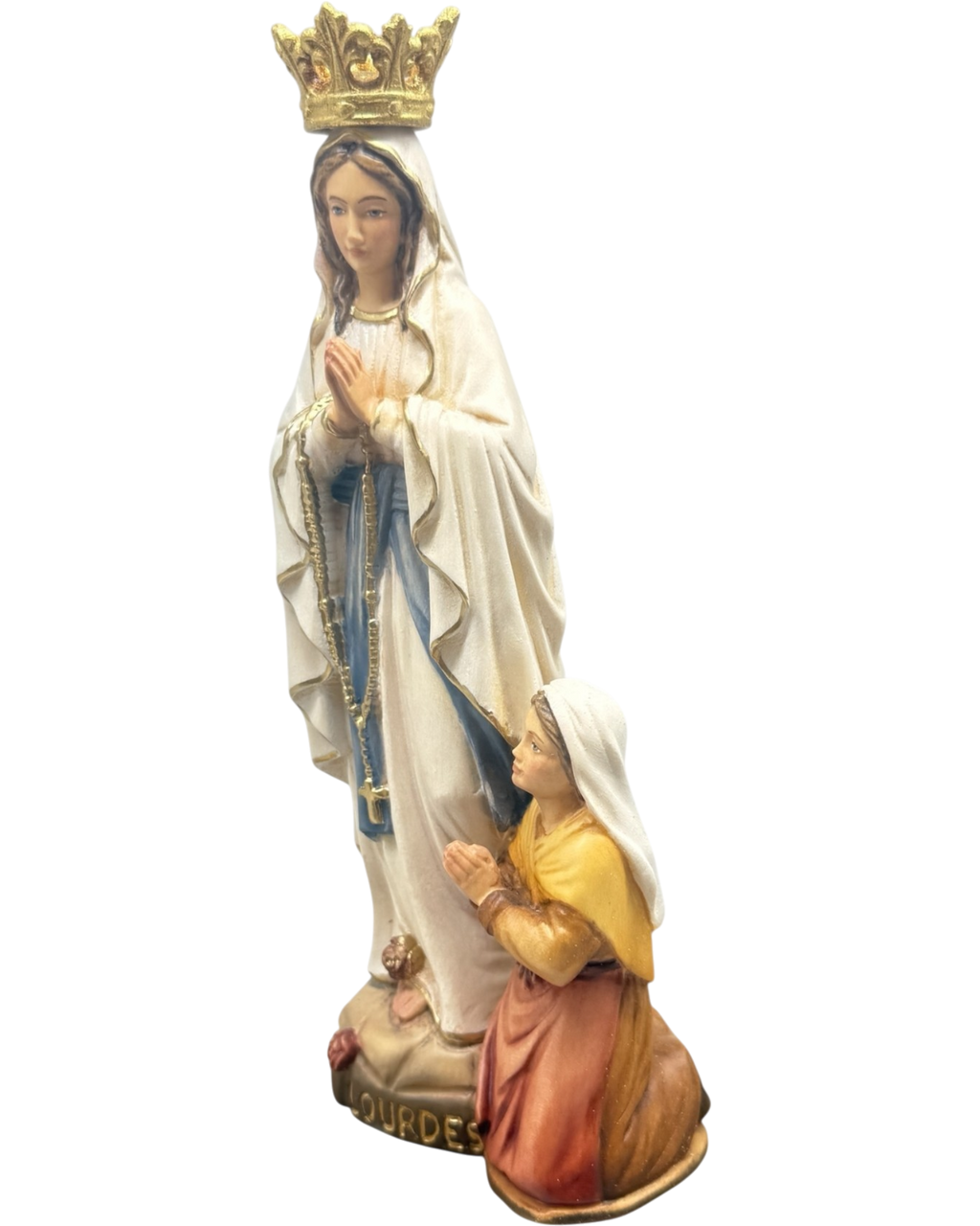 Rzeźba Matki Boskiej z Lourdes i Bernadety z drewna z Val Gardena