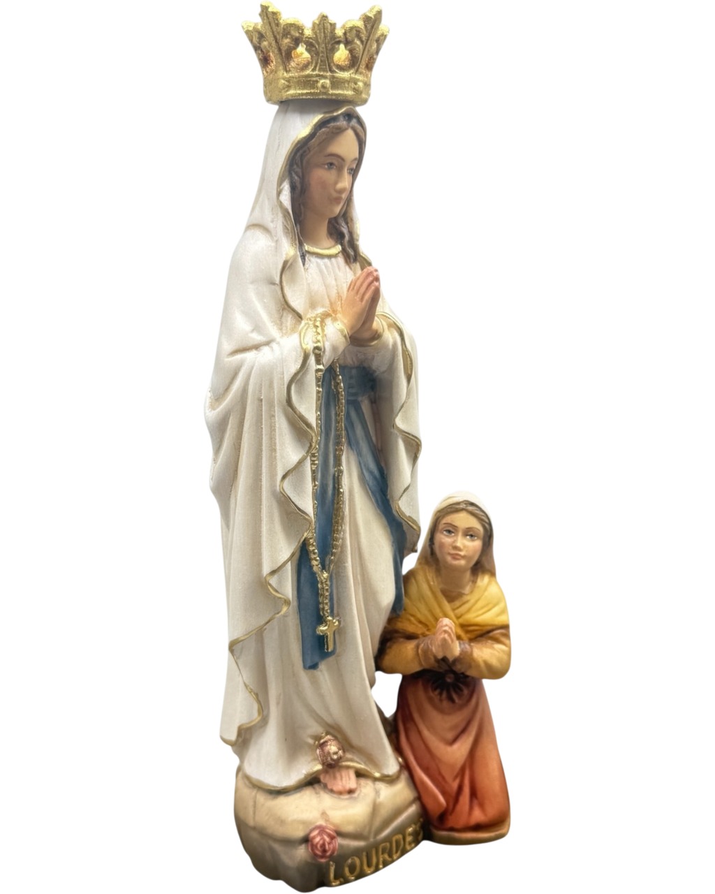 Rzeźba Matki Boskiej z Lourdes i Bernadety z drewna z Val Gardena