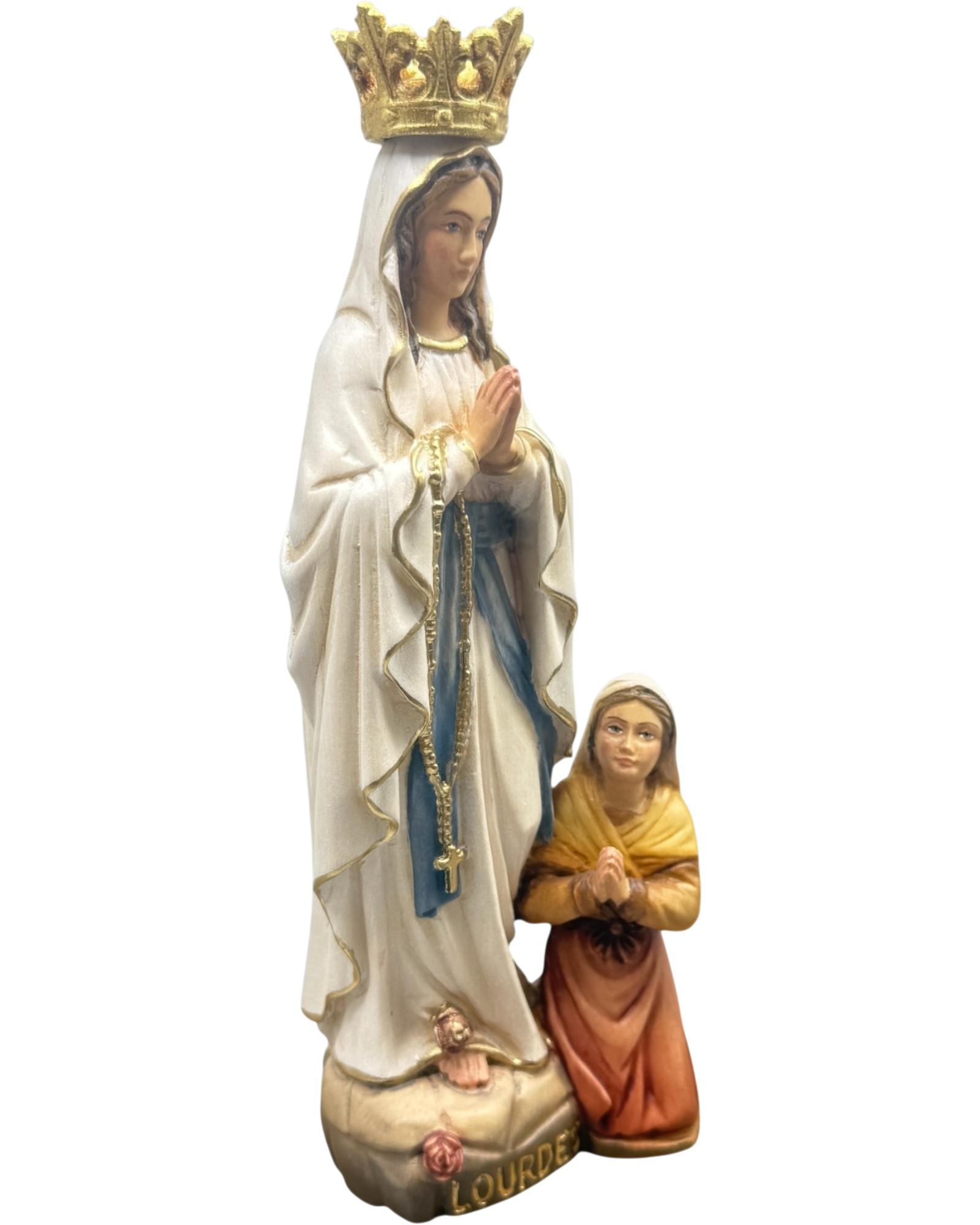 Sculpture Our Lady of Lourdes and Bernadette in Val Gardena Wood