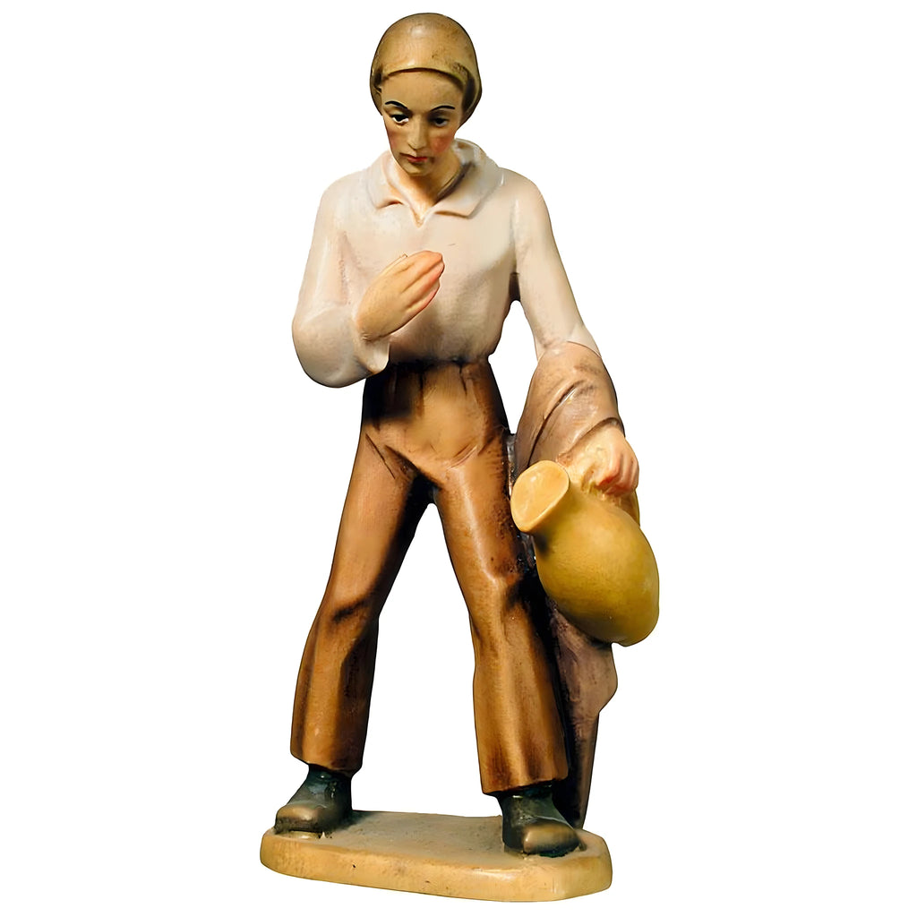 Scultura Pastore con Brocca in Legno d'Acero della Val Gardena