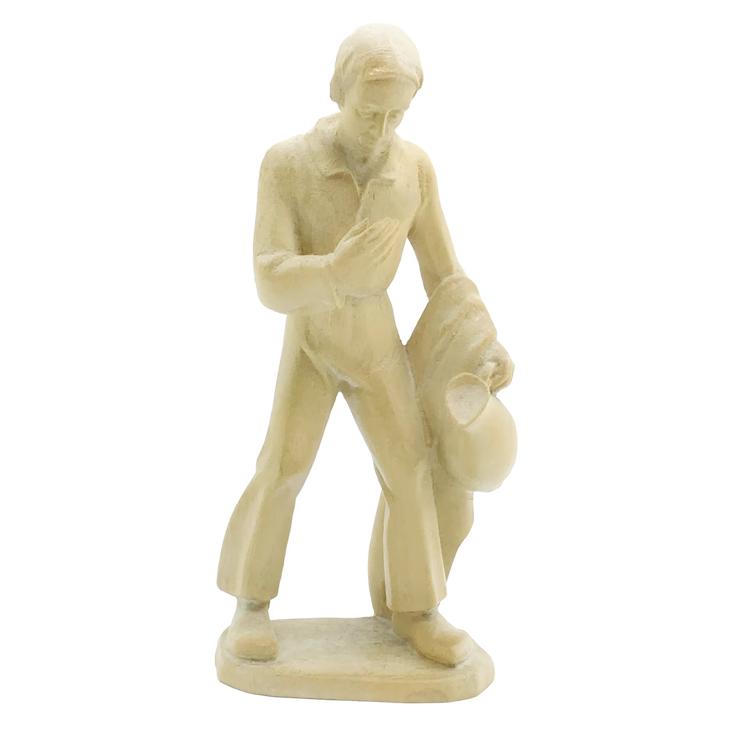 Scultura Pastore con Brocca in Legno d'Acero della Val Gardena