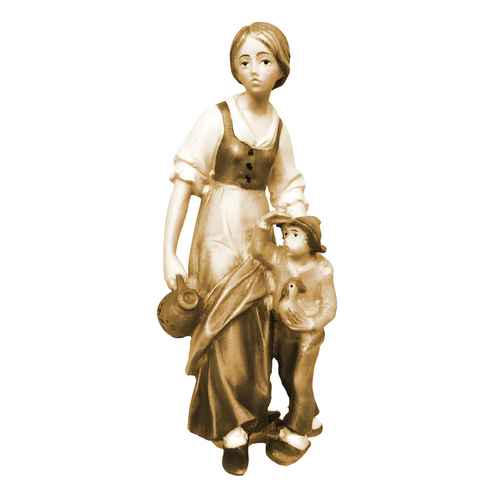 Sculpture bergère et enfant en bois d'érable du Val Gardena