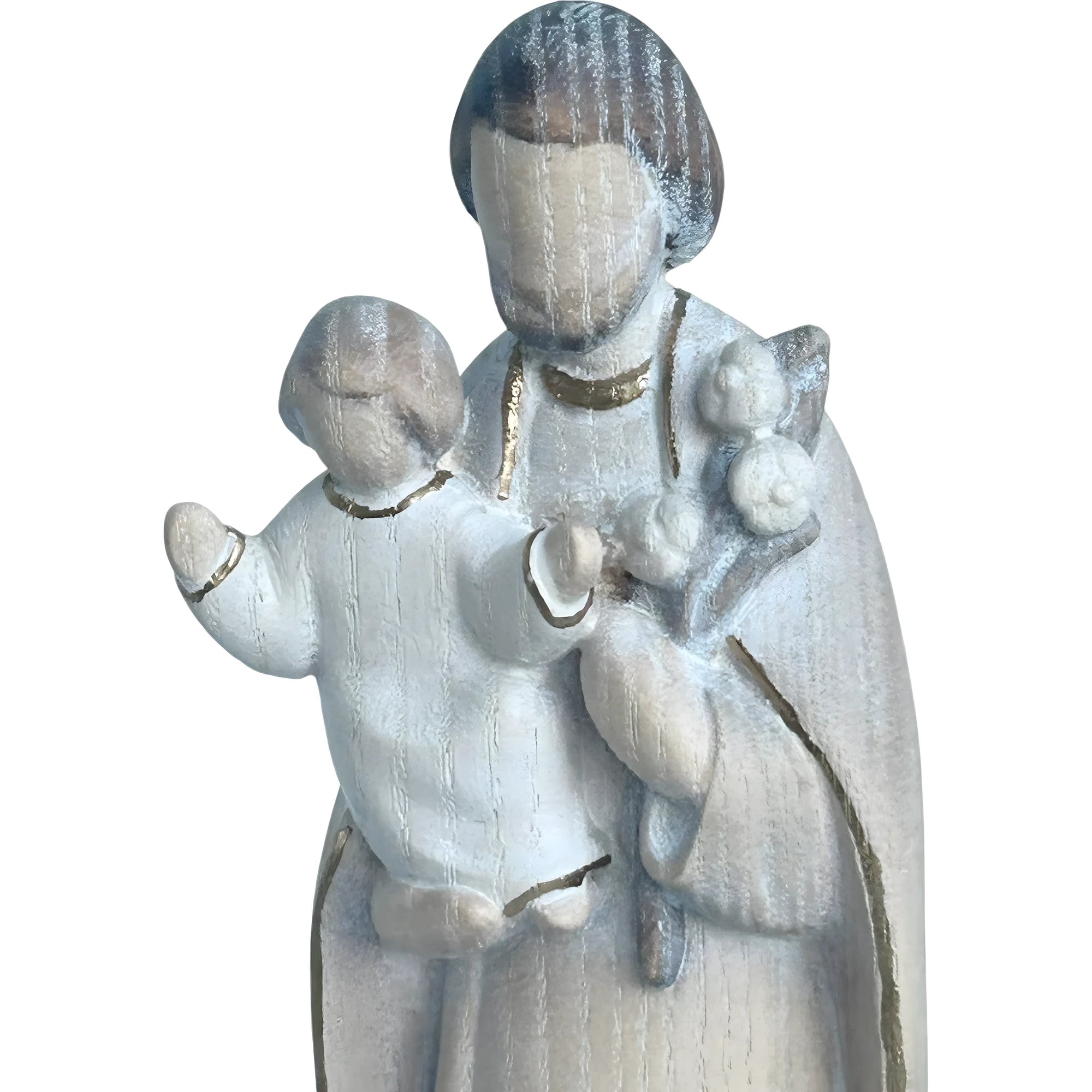 Skulptur Heiliger Josef und Jesuskind, stilisiert mit Lilie aus handgefertigtem Holz