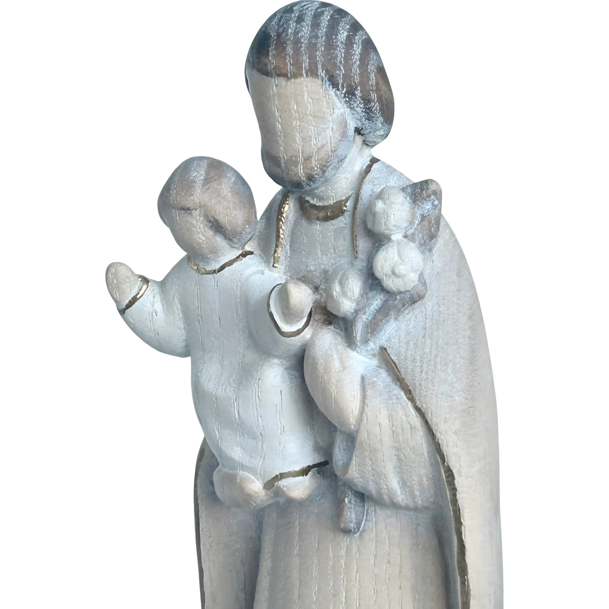 Skulptur Heiliger Josef und Jesuskind, stilisiert mit Lilie aus handgefertigtem Holz