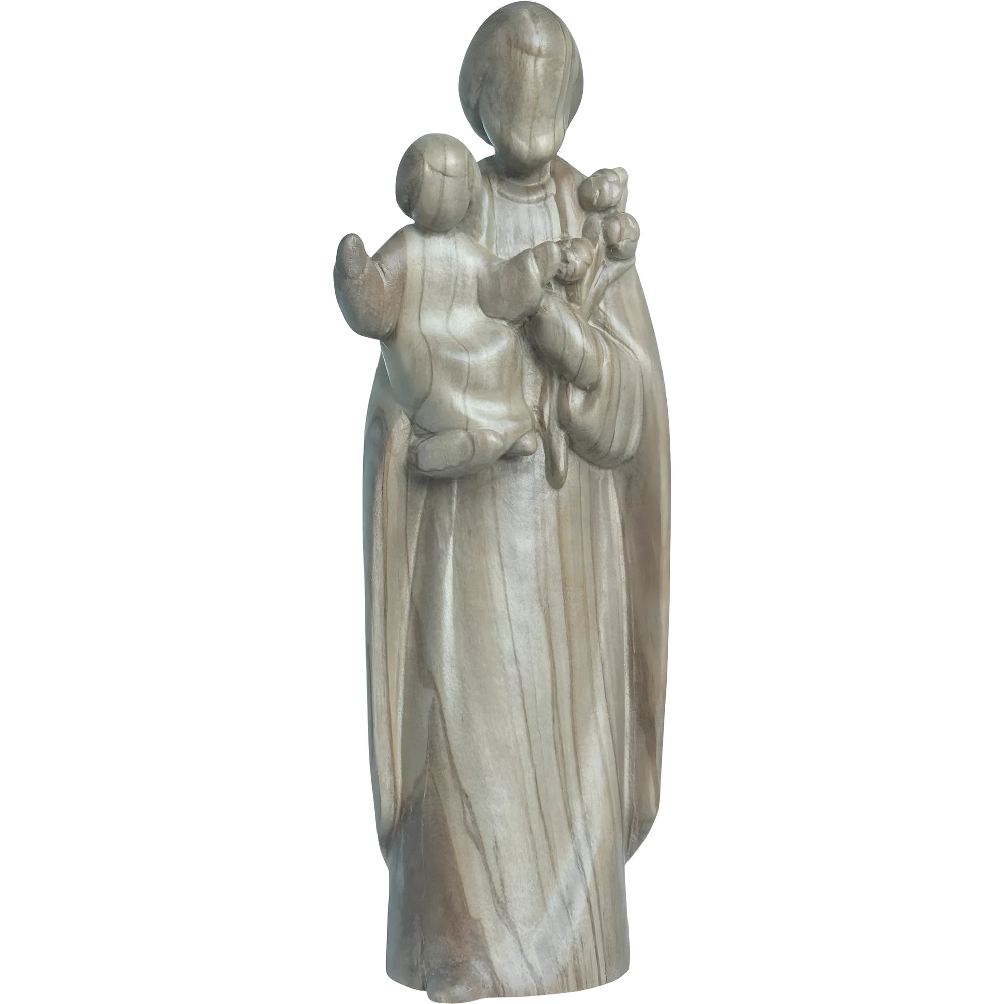 Skulptur Heiliger Josef und Jesuskind, stilisiert mit Lilie aus handgefertigtem Holz