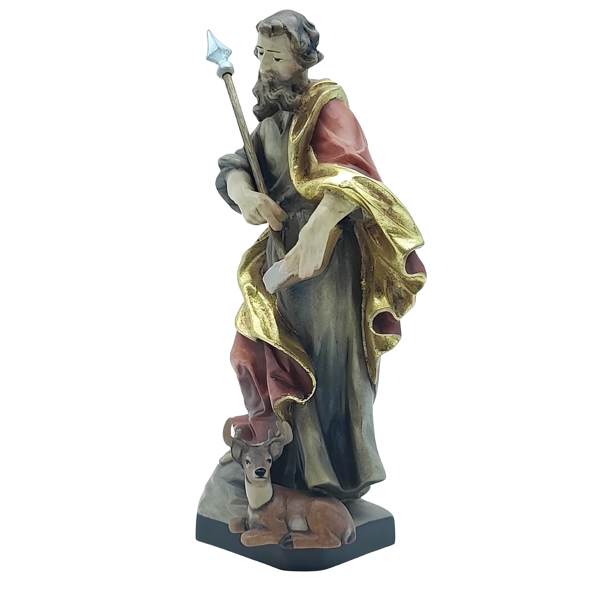 Scultura Sant'Uberto con Cervo, in Legno della Val Gardena, Dipinta a Mano