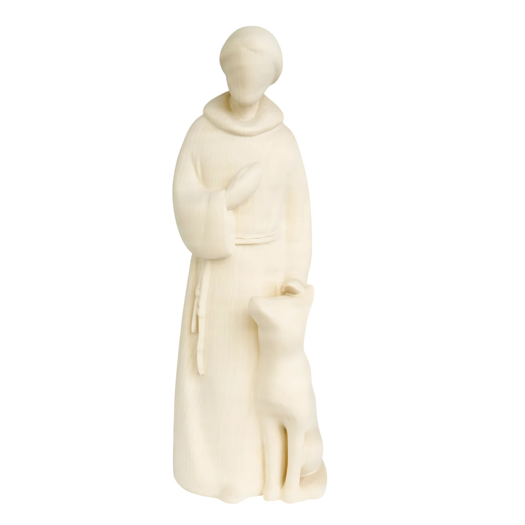 Scultura di San Francesco Stilizzato con Lupo in Legno della Val Gardena