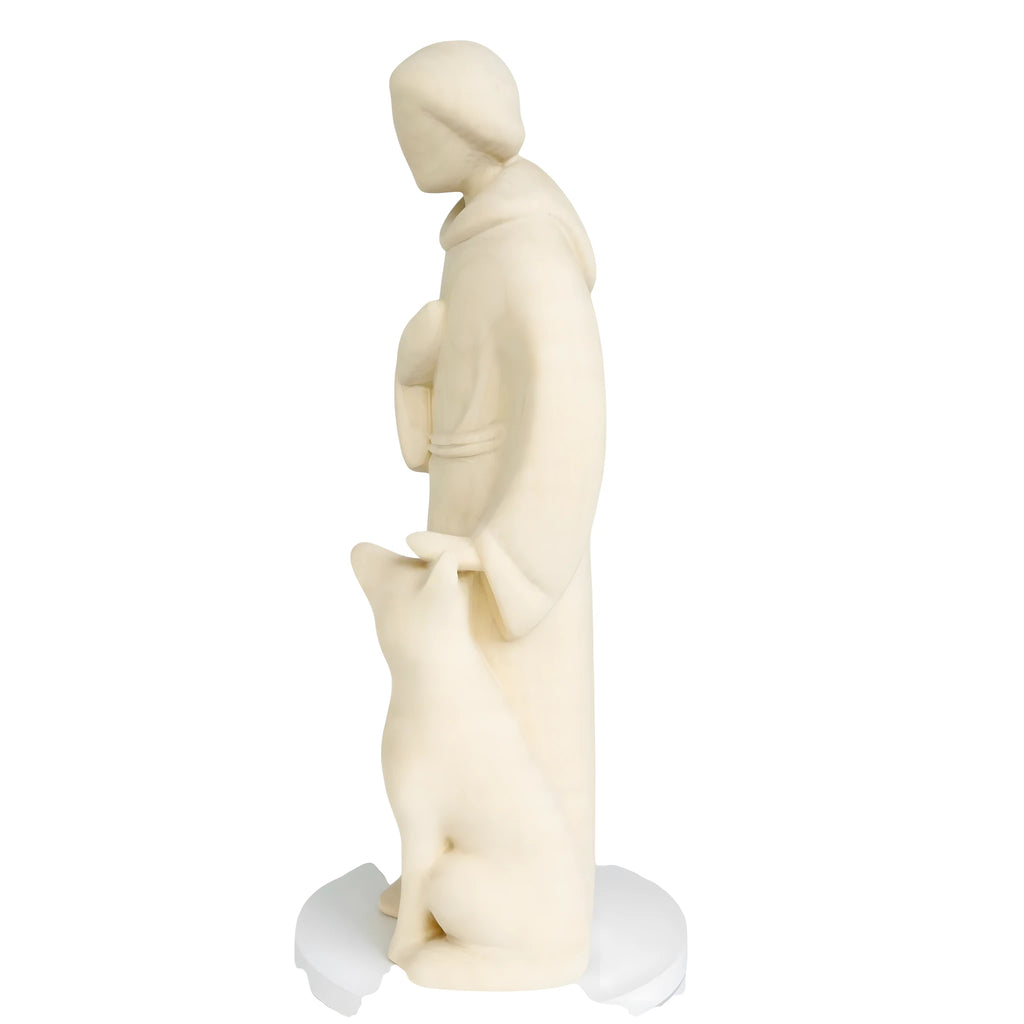 Scultura di San Francesco Stilizzato con Lupo in Legno della Val Gardena