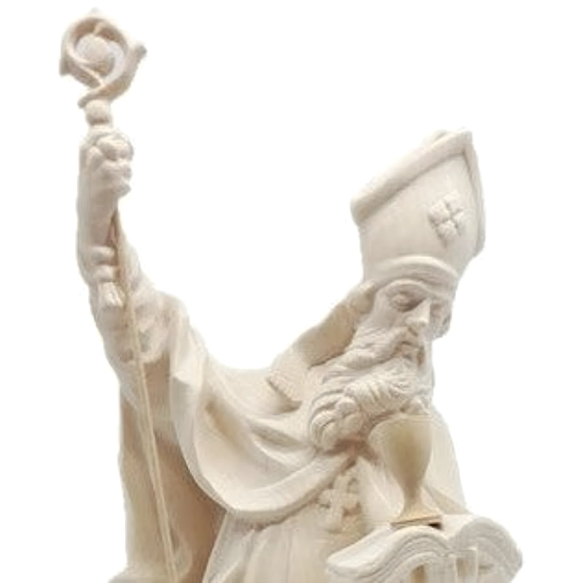 Escultura de São Ricardo Bispo com Báculo e Livro em Madeira de Val Gardena