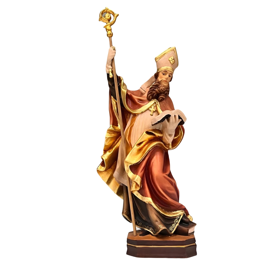 Scultura di Sant'Elmstano Vescovo in Legno, Finitura Policroma e Oro