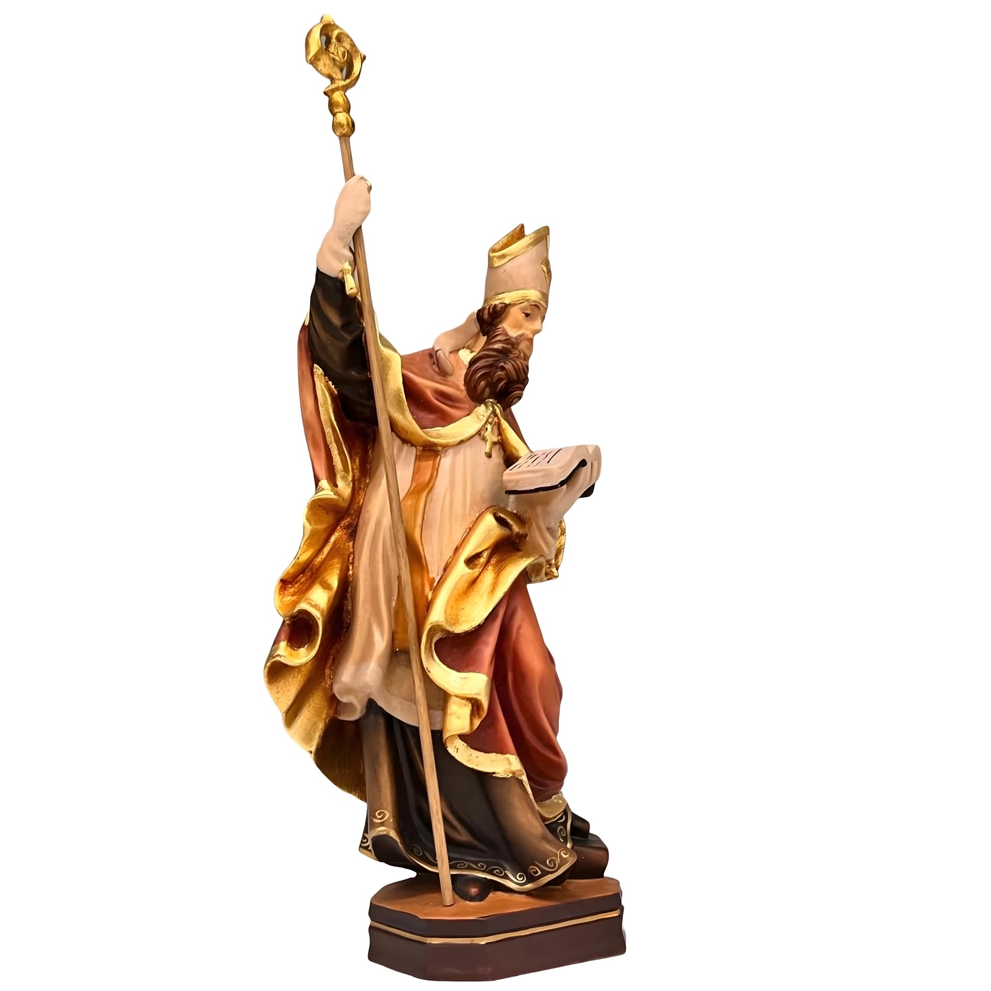 Scultura di Sant'Elmstano Vescovo in Legno, Finitura Policroma e Oro