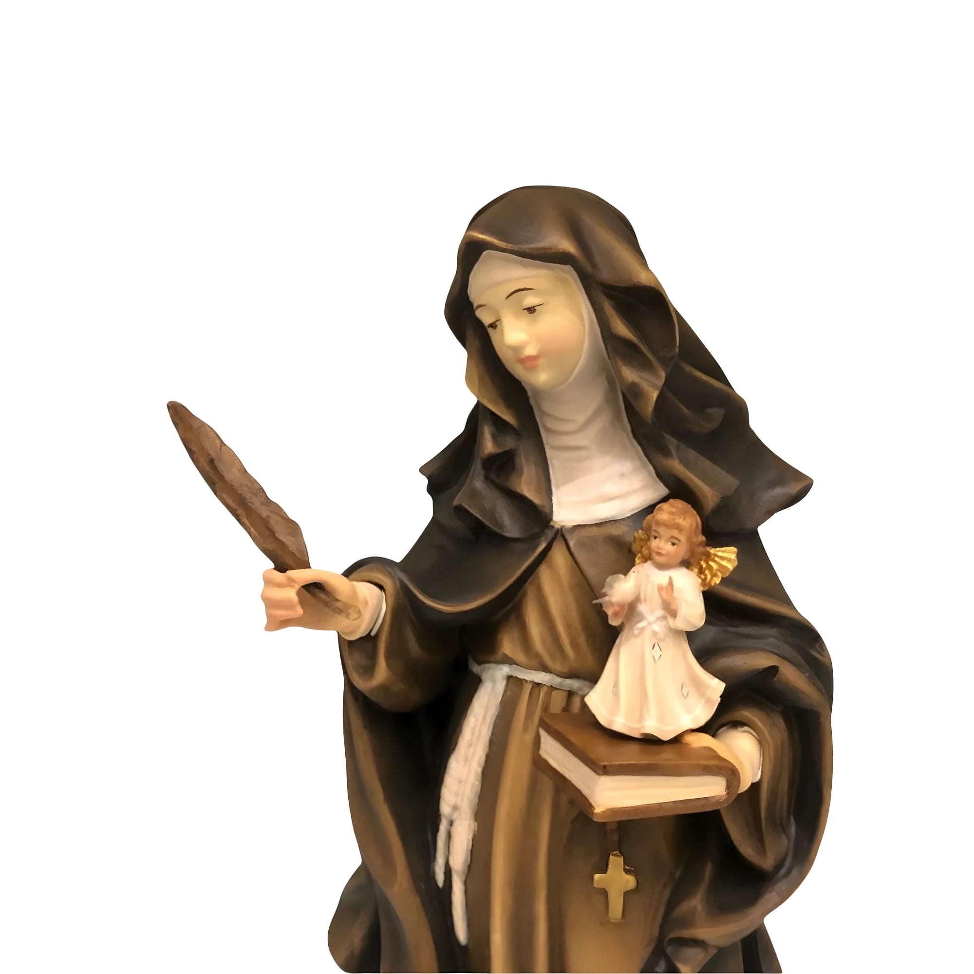 Skulptur der Heiligen Franziska von Rom mit Schutzengel aus Grödnerholz