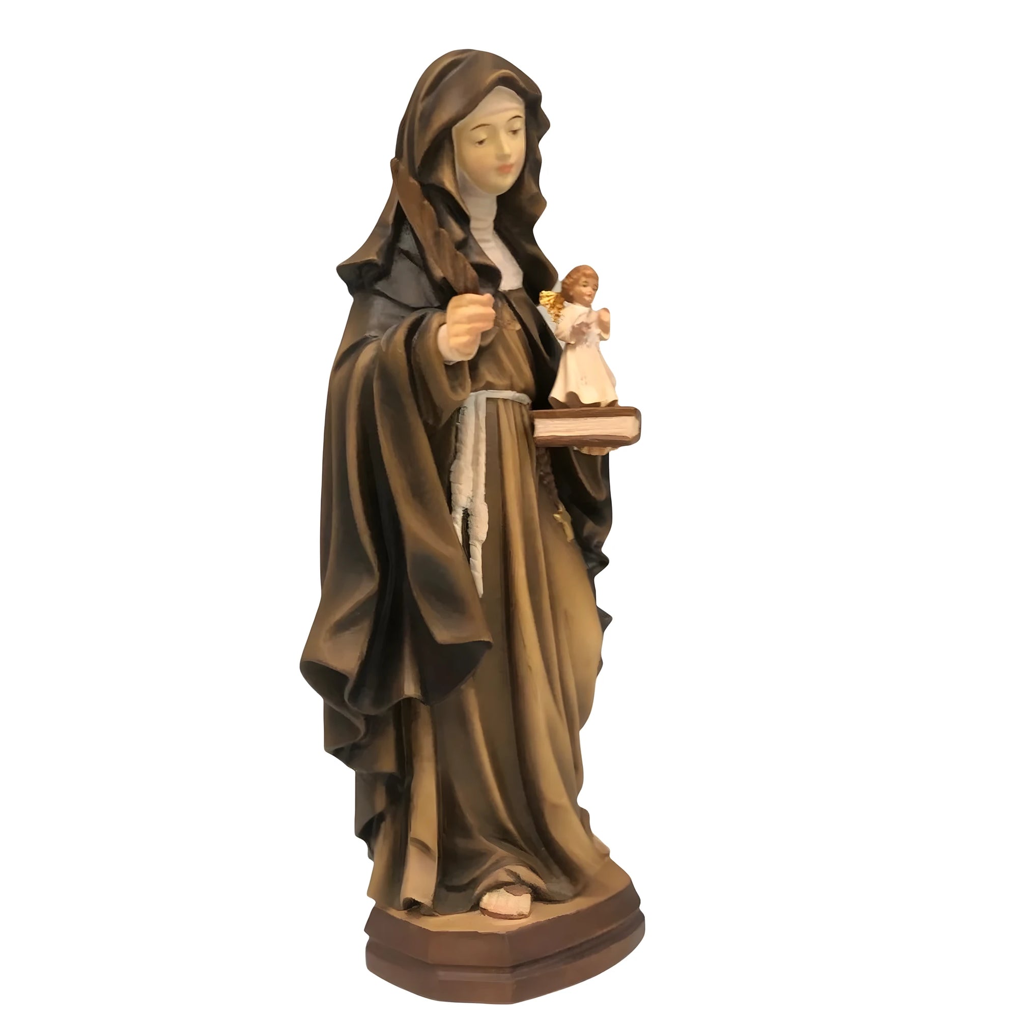 Skulptur der Heiligen Franziska von Rom mit Schutzengel aus Grödnerholz