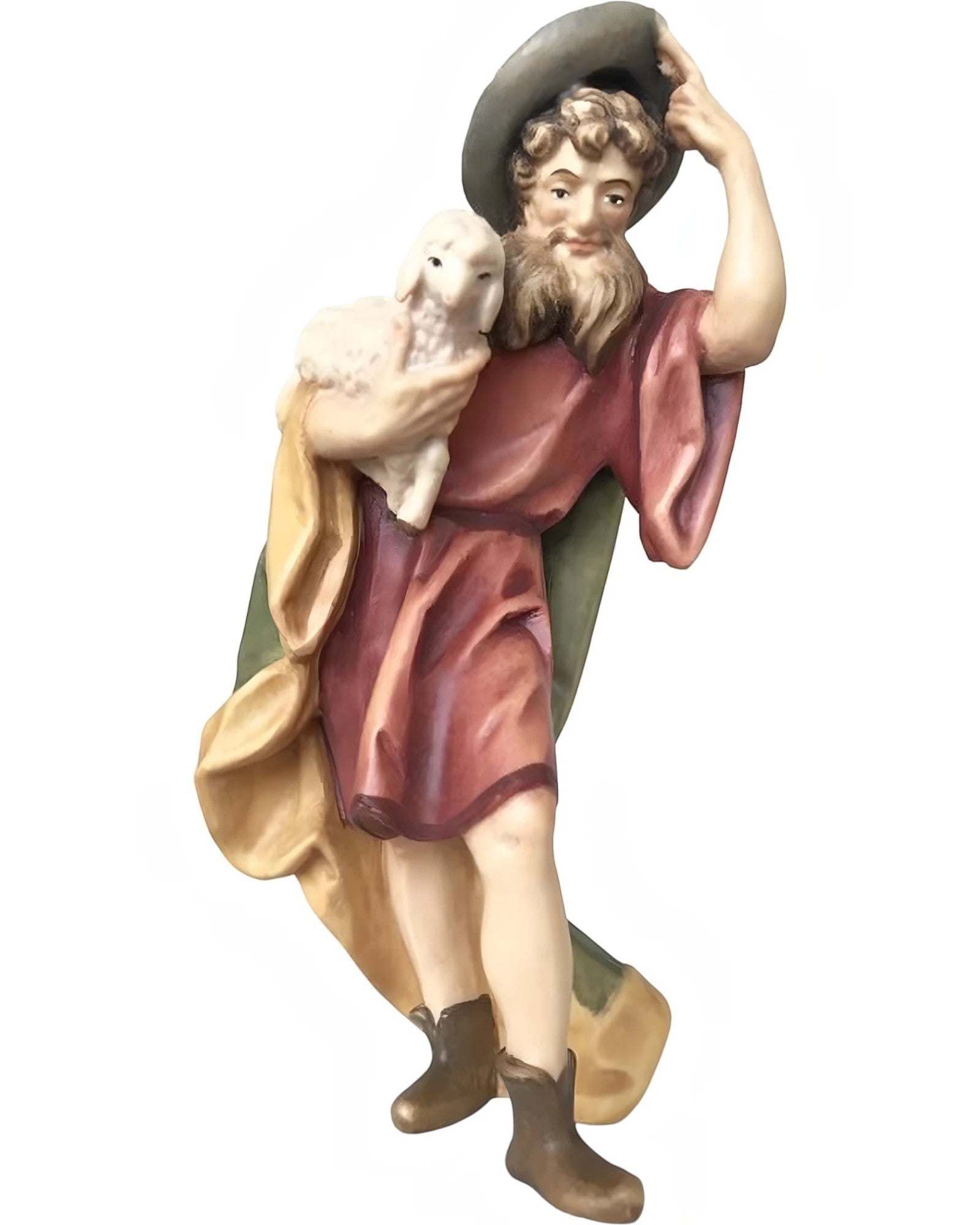 Scultura-in-Legno-Il-Buon-Pastore-Barba-Cappello-e-Agnello-Ritrovato