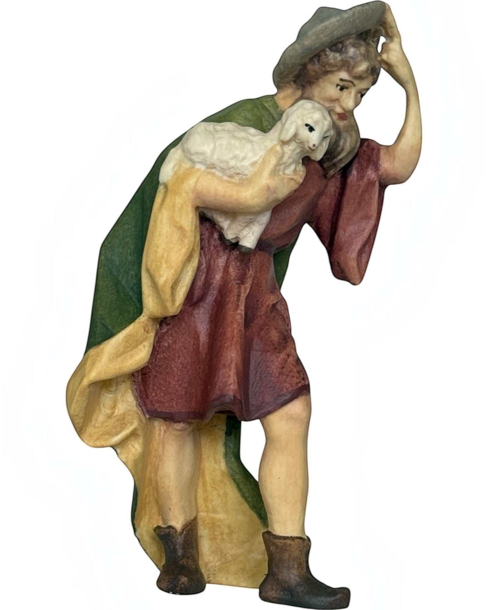 Scultura-in-Legno-Il-Buon-Pastore-Barba-Cappello-e-Agnello-Ritrovato
