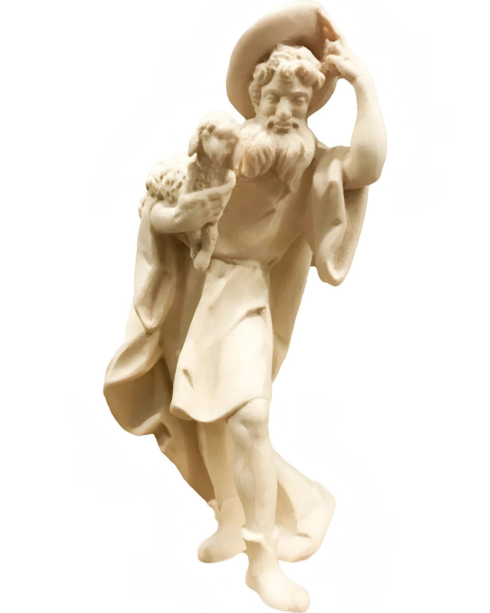 Scultura-in-Legno-Il-Buon-Pastore-Barba-Cappello-e-Agnello-Ritrovato