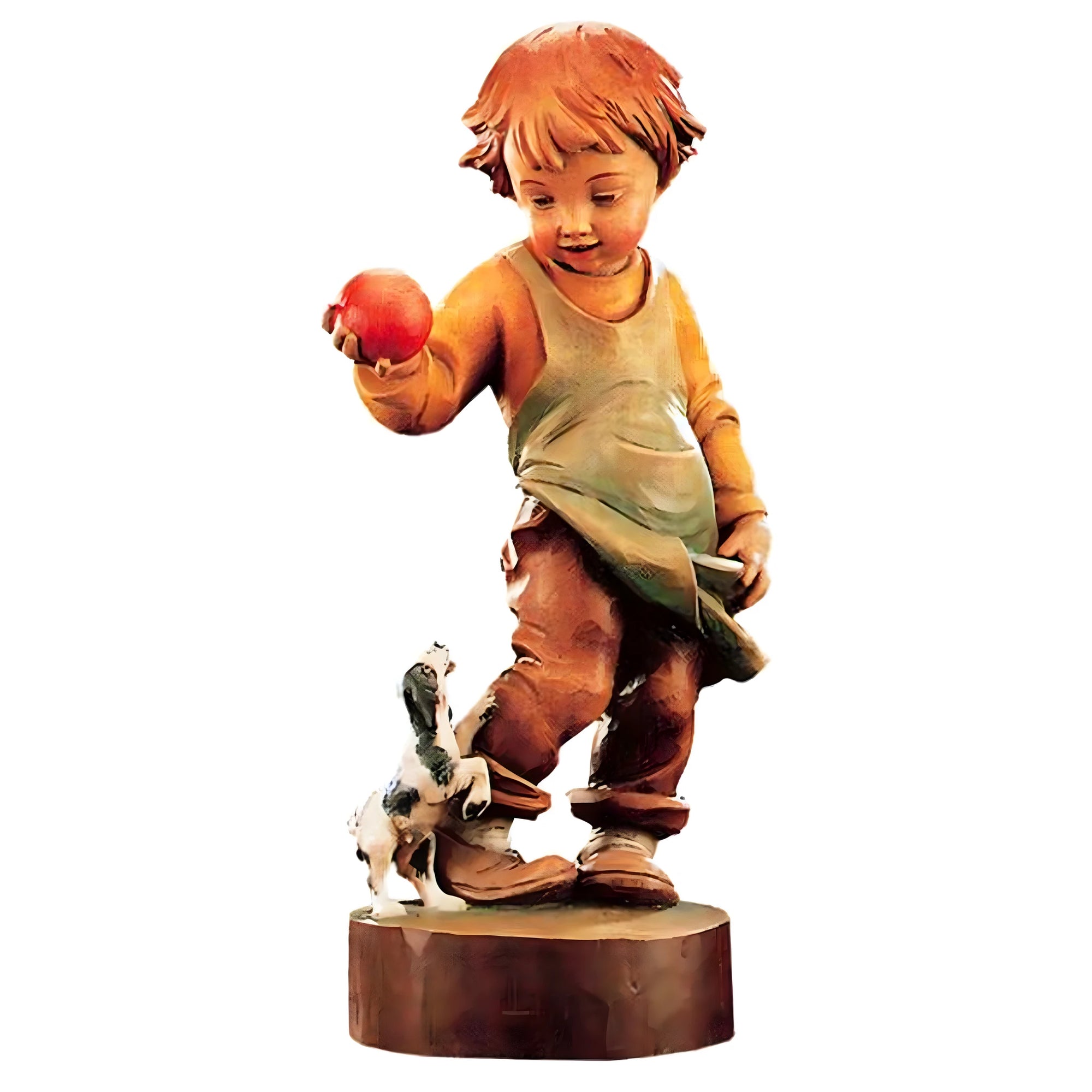 Scultura in Legno "Il Gioco": Bambino e Cucciolo Intagliati in Val Gardena