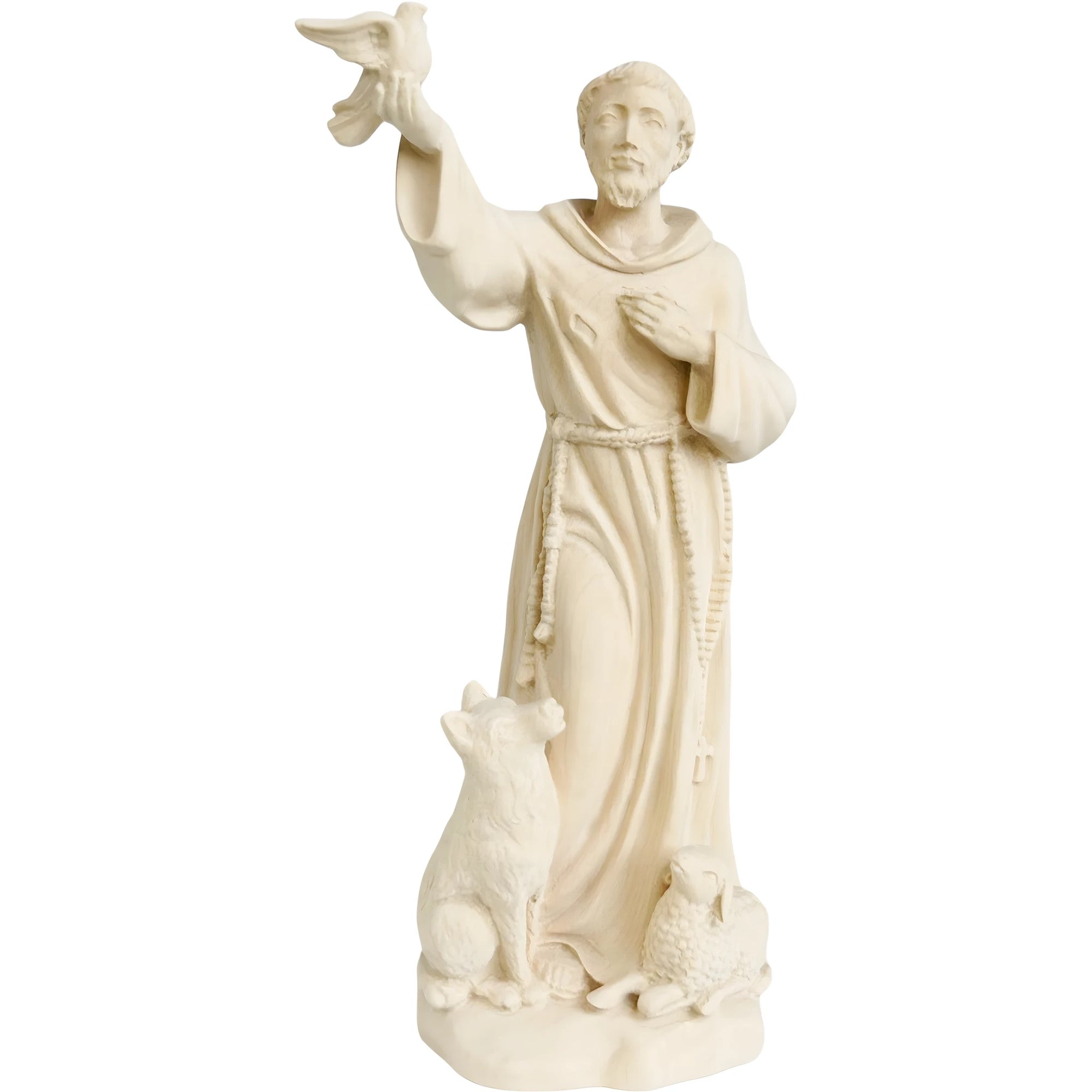 Wooden Sculpture of Saint Francis of Assisi with Wolf, Lamb, and Dove