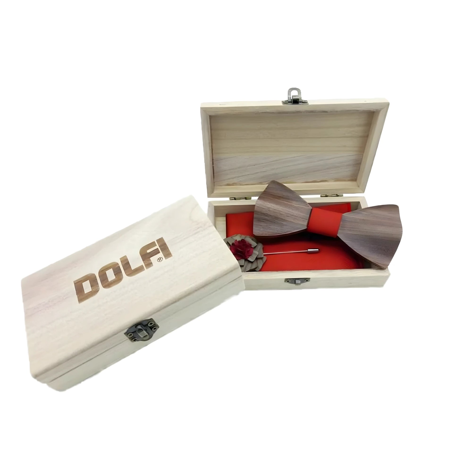 Set Nœud Papillon en Bois Artisanal Homme avec Détails Rouges