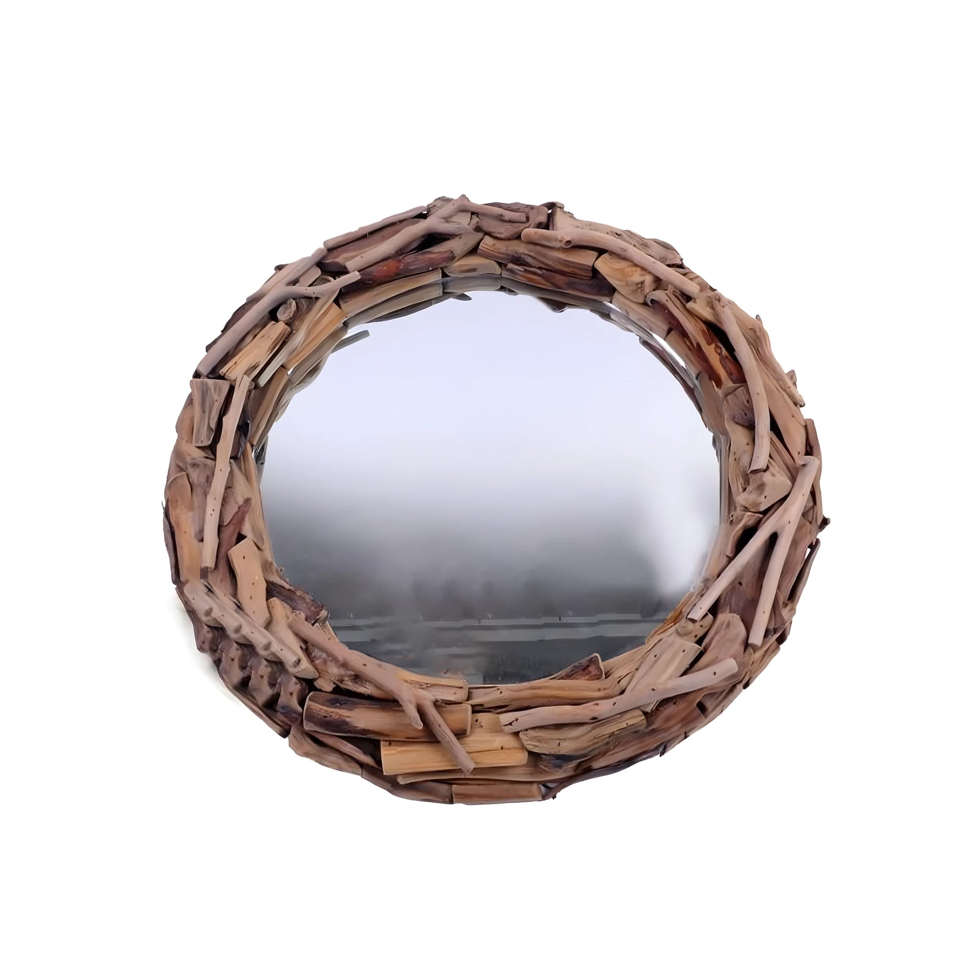 Okrągłe lustro z ramą z drewna odzyskanego, styl driftwood