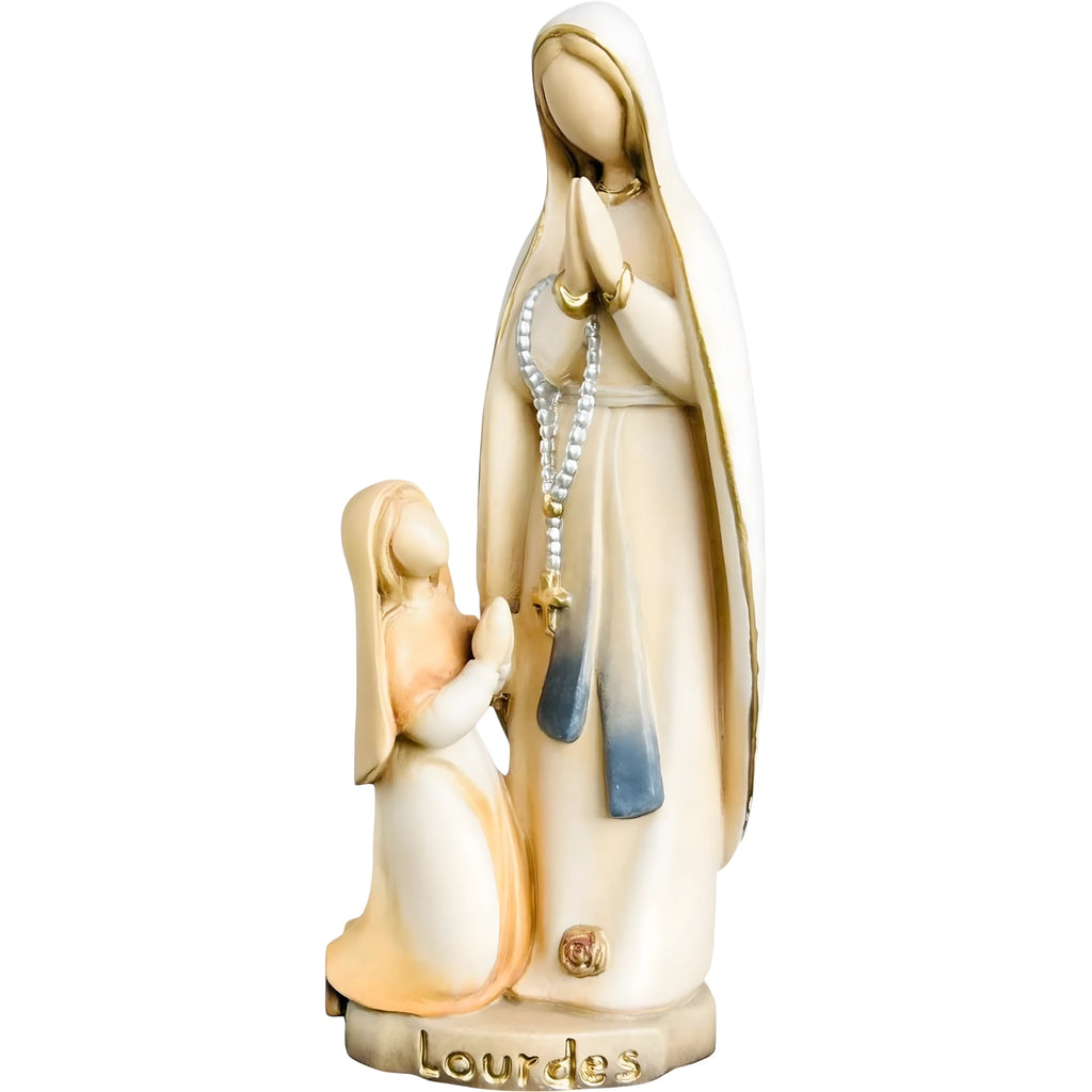 Estátua Nossa Senhora de Lourdes e Santa Bernadete em Madeira esculpida