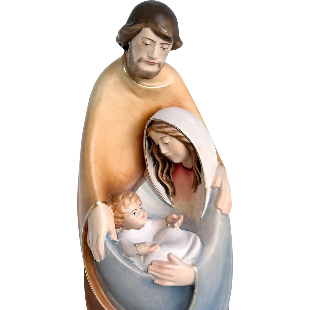 Statua Sacra Famiglia Stilizzata in Legno d'Acero Dipinta a Mano