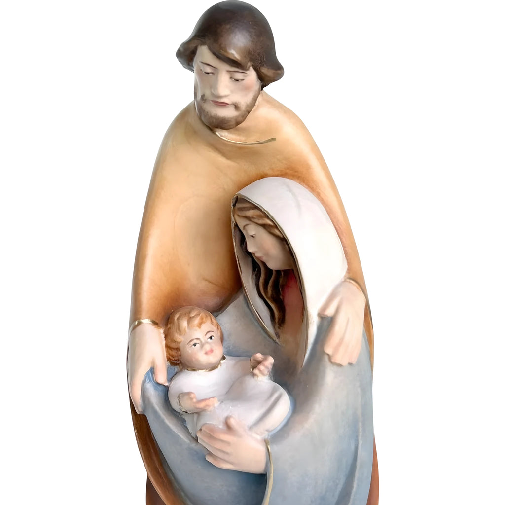 Statua Sacra Famiglia Stilizzata in Legno d'Acero Dipinta a Mano