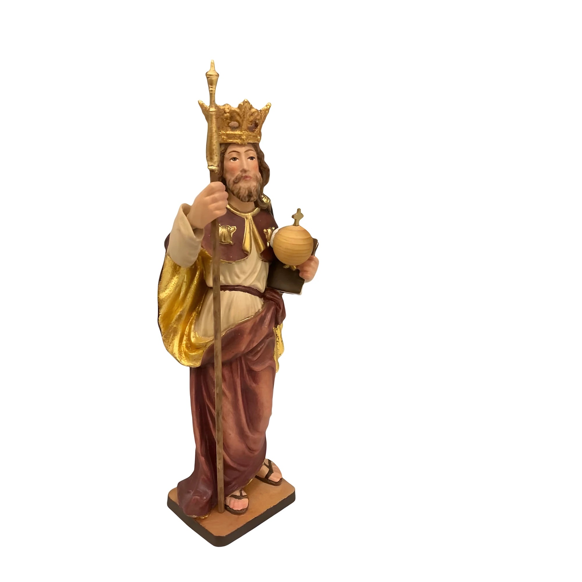Rzeźbiona ręcznie drewniana figura św. Edwarda Wyznawcy z Val Gardena