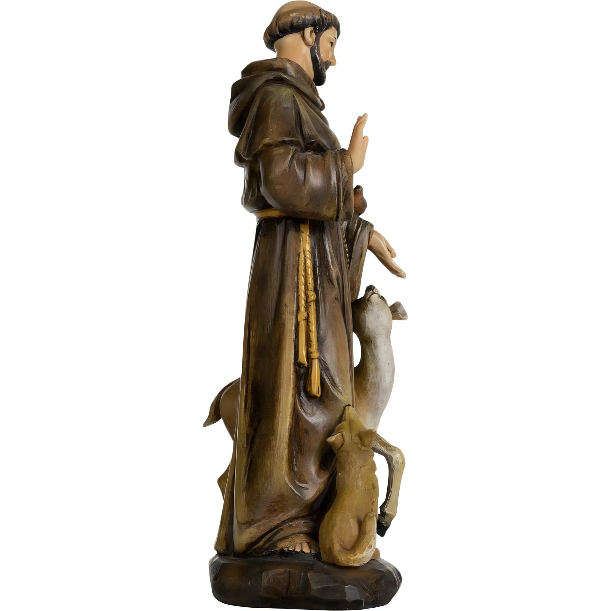 Estátua São Francisco de Assis com Pássaro e Lobo - Escultura Pintada à Mão
