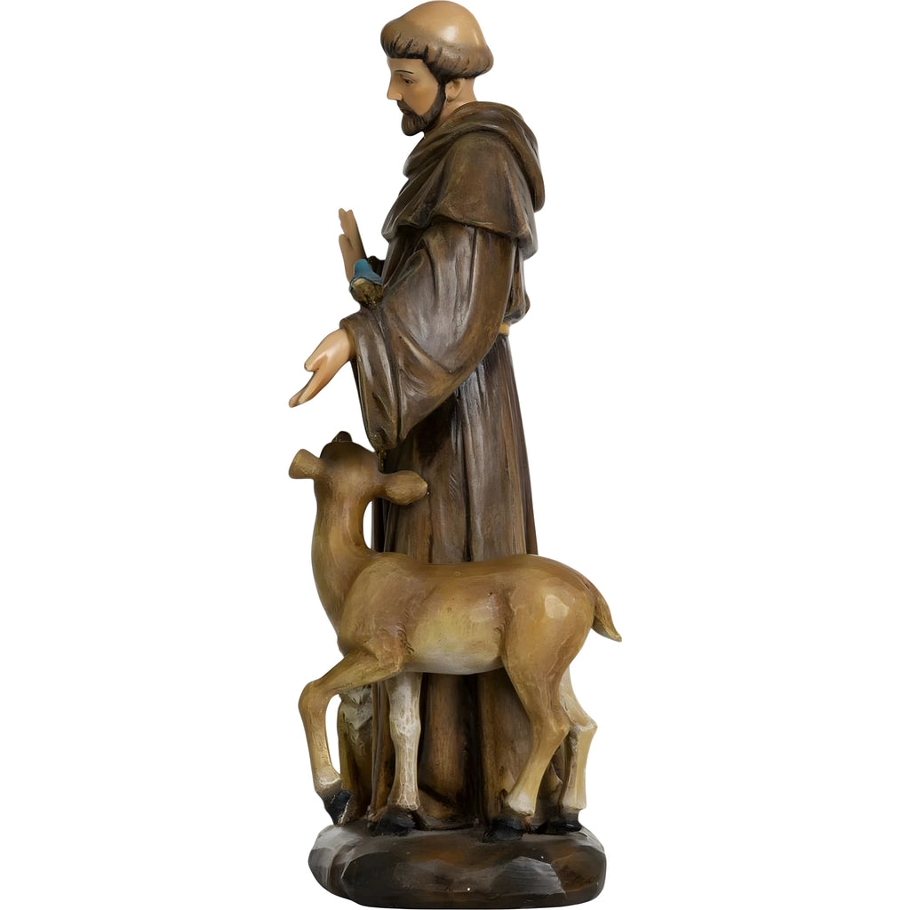 Statua San Francesco d'Assisi con Uccello e Lupo - Scultura Dipinta a Mano