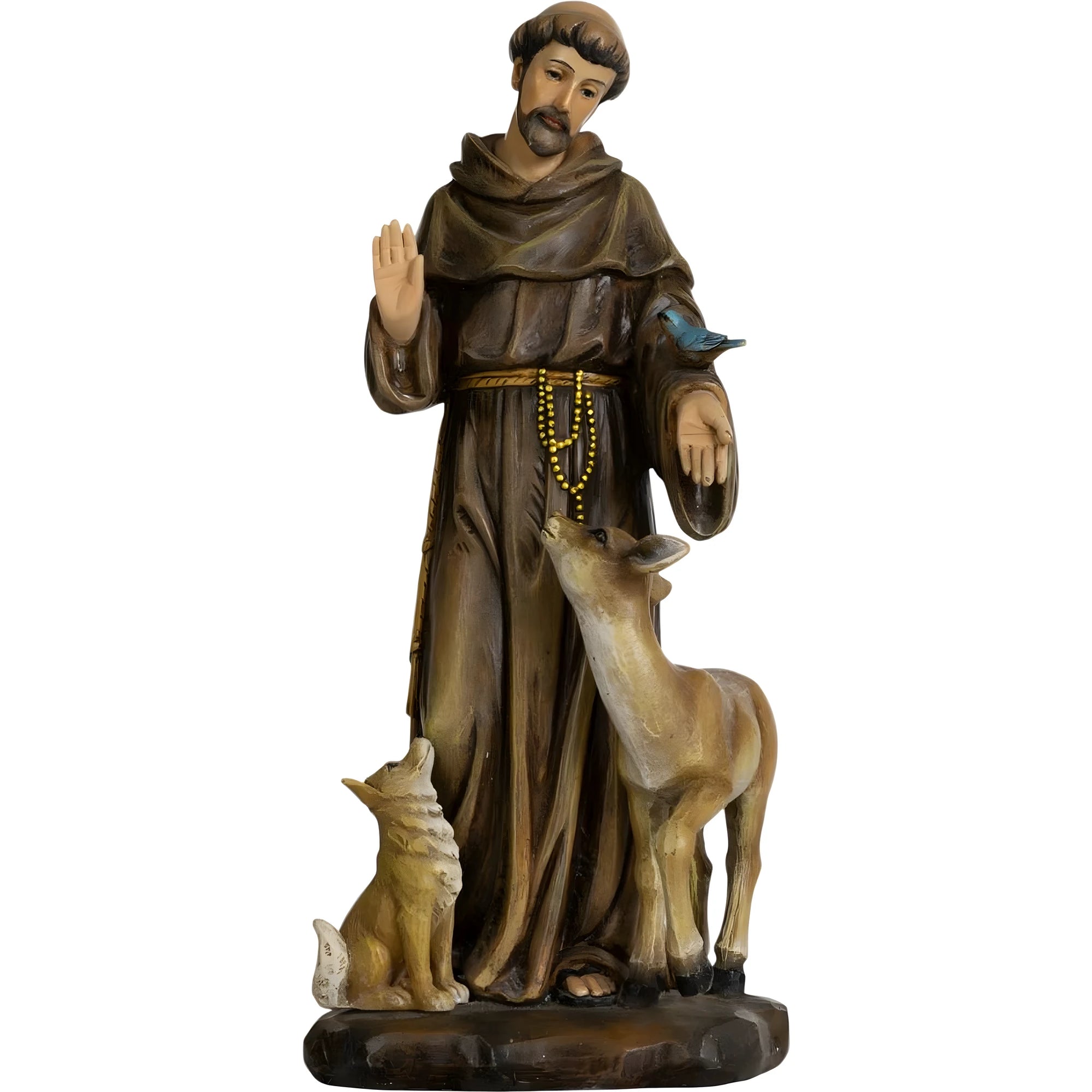 Estátua São Francisco de Assis com Pássaro e Lobo - Escultura Pintada à Mão