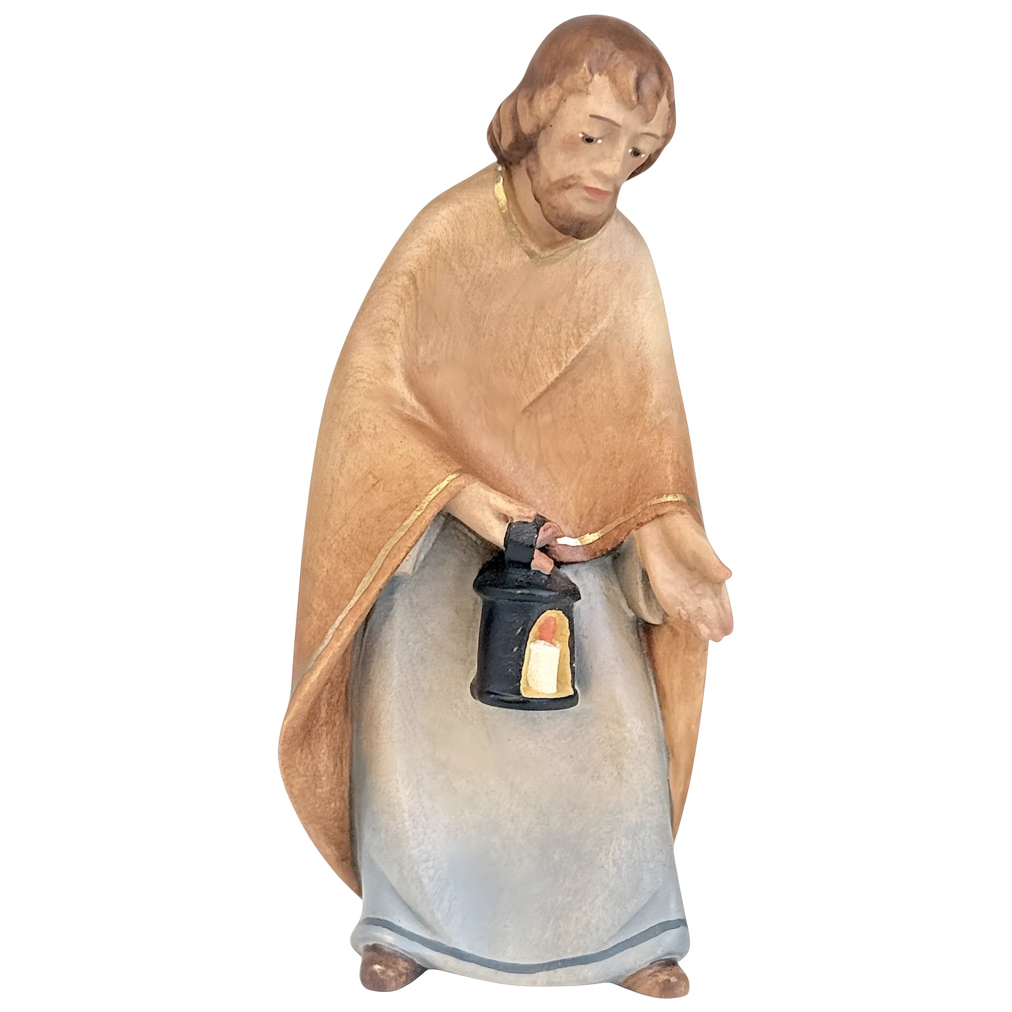 St. Joseph Statue in Maple Wood with Lantern | Handcrafted Val Gardena Nativity Sculpture