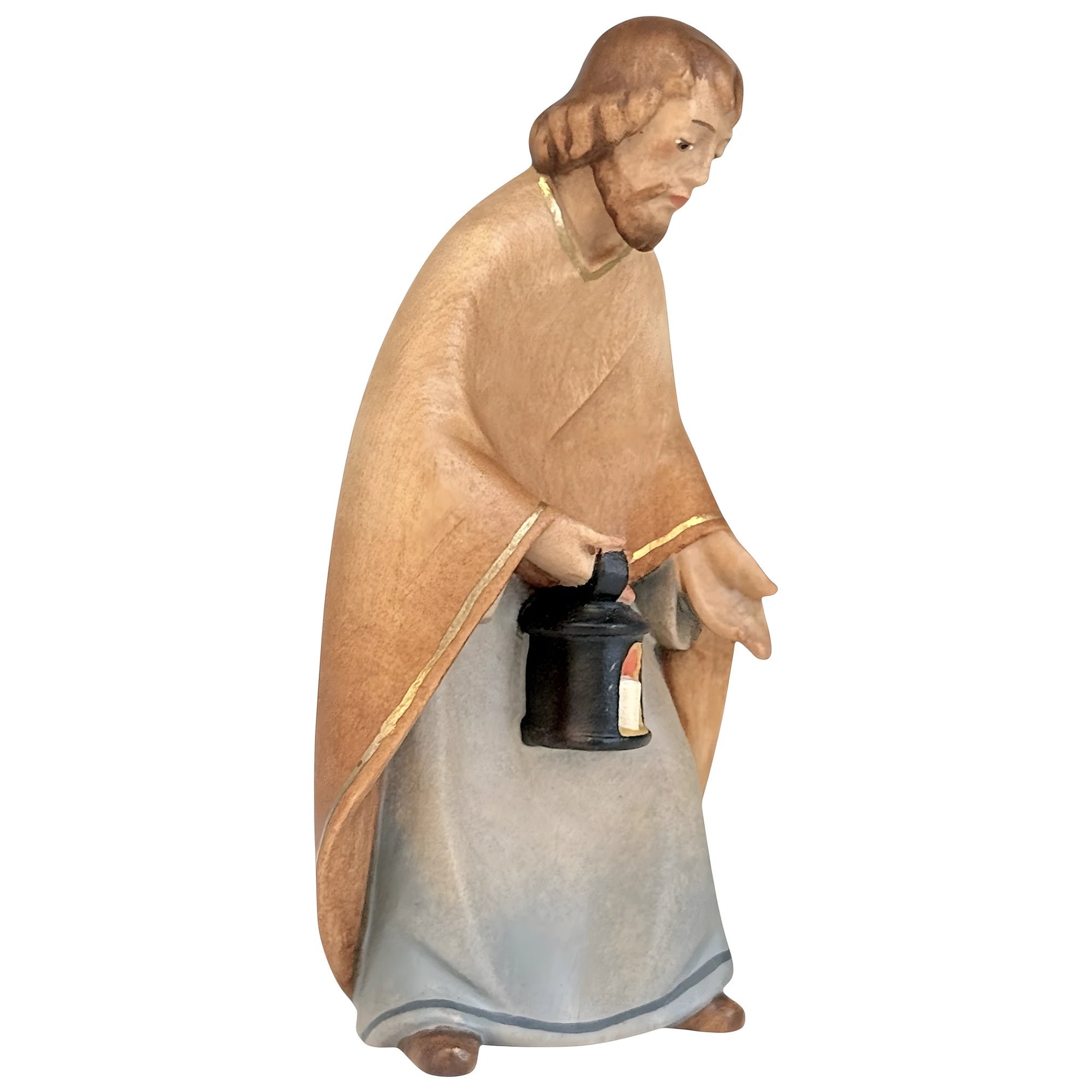 St. Joseph Statue in Maple Wood with Lantern | Handcrafted Val Gardena Nativity Sculpture