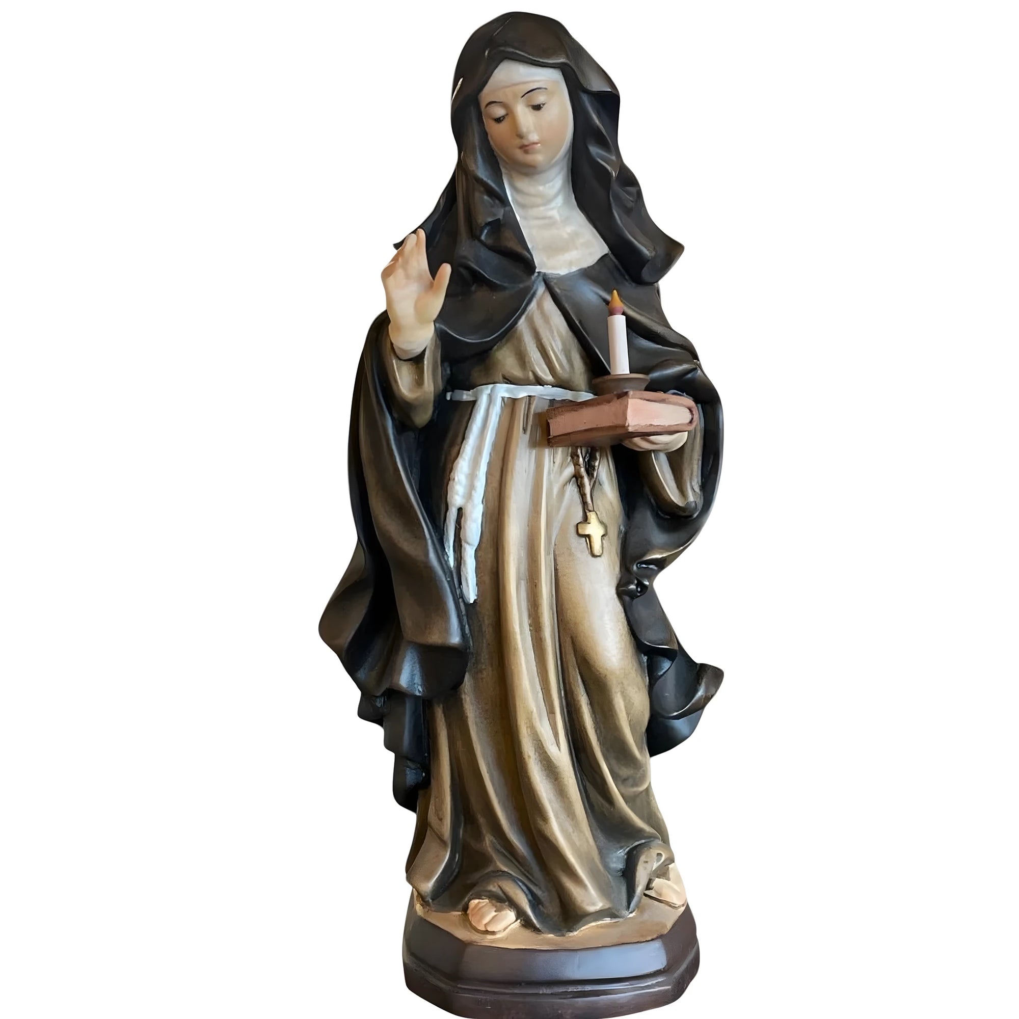 Statue Saint Bridget of Sweden with Candle and Book in Carved Wood Val Gardena