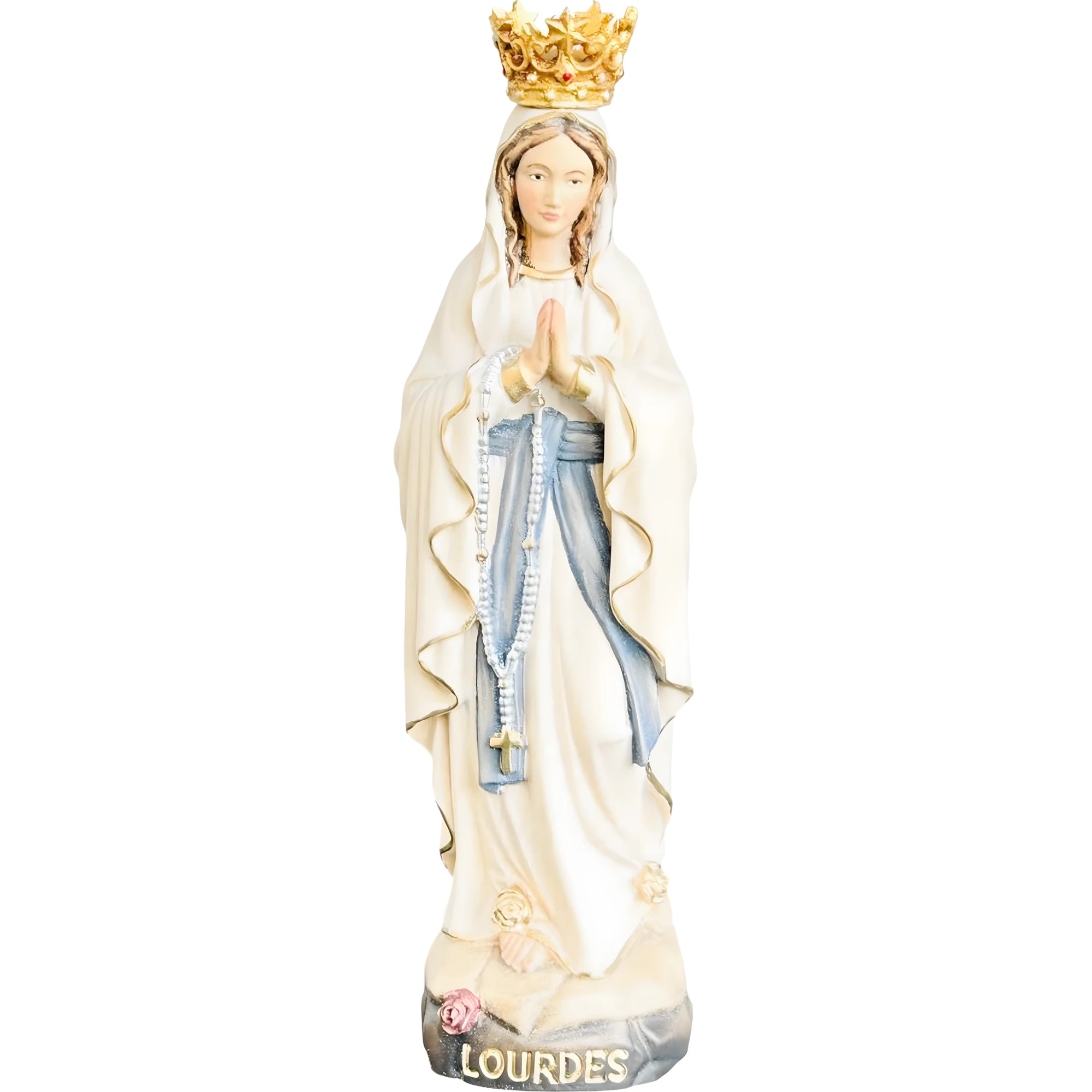 Our Lady of Lourdes Statue with Golden Crown in Carved Wood