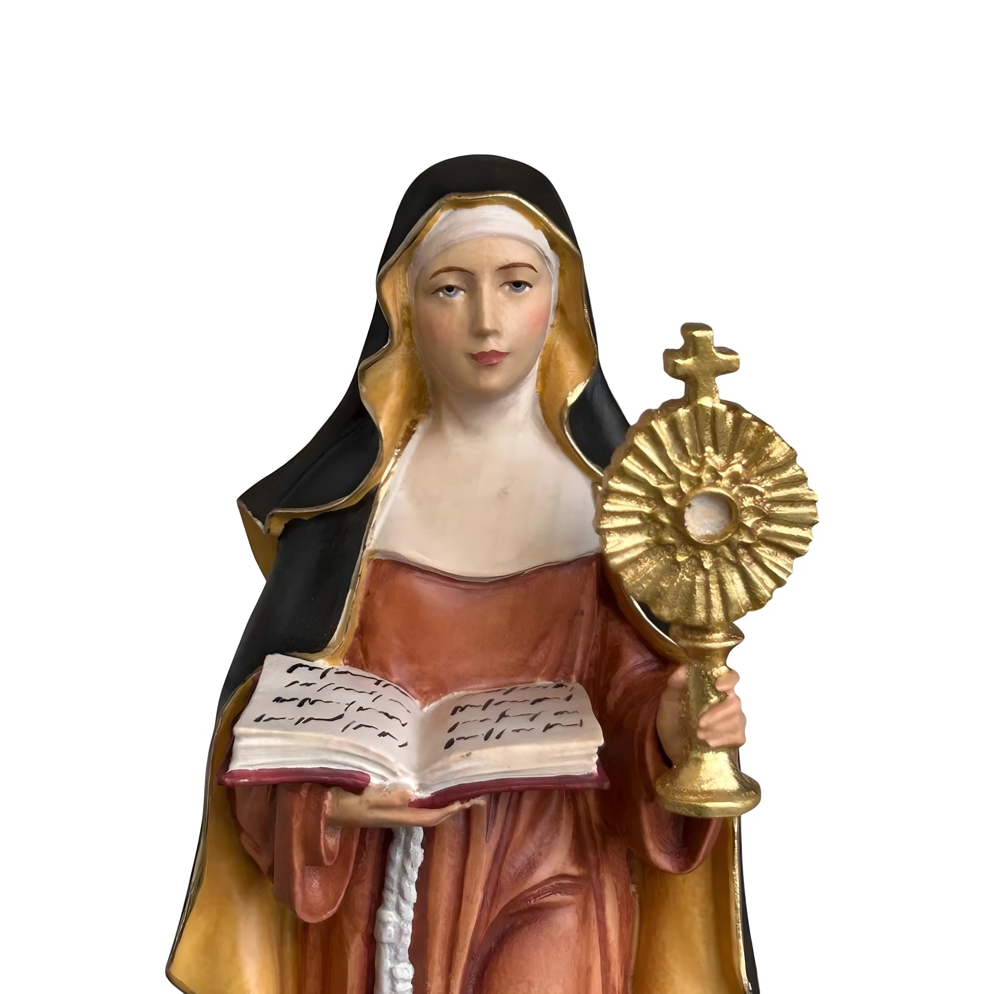 Statue der Heiligen Klara von Assisi mit Monstranz aus Holz, geschnitzt in Gröden