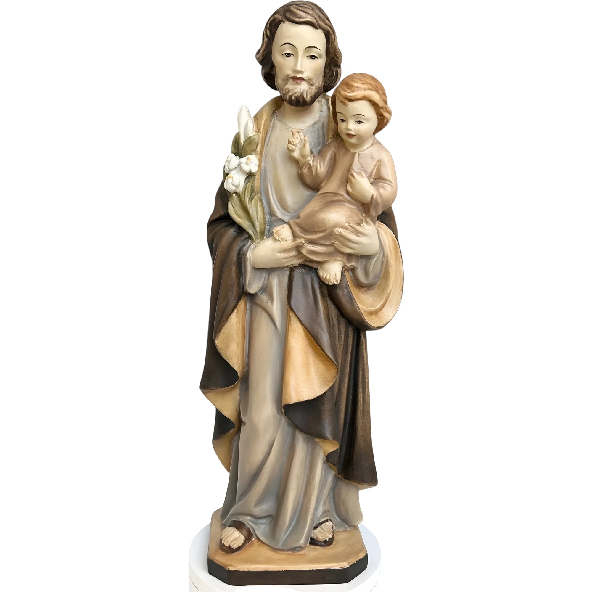 Statua in Legno San Giuseppe con Gesù Bambino e il Giglio Policromo